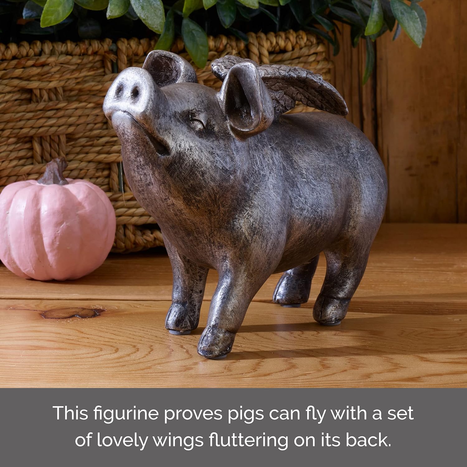 Elements 7.28x3.35x5.51 Inch Resin Silver Winged Pig Tabletop Decor - Image 3