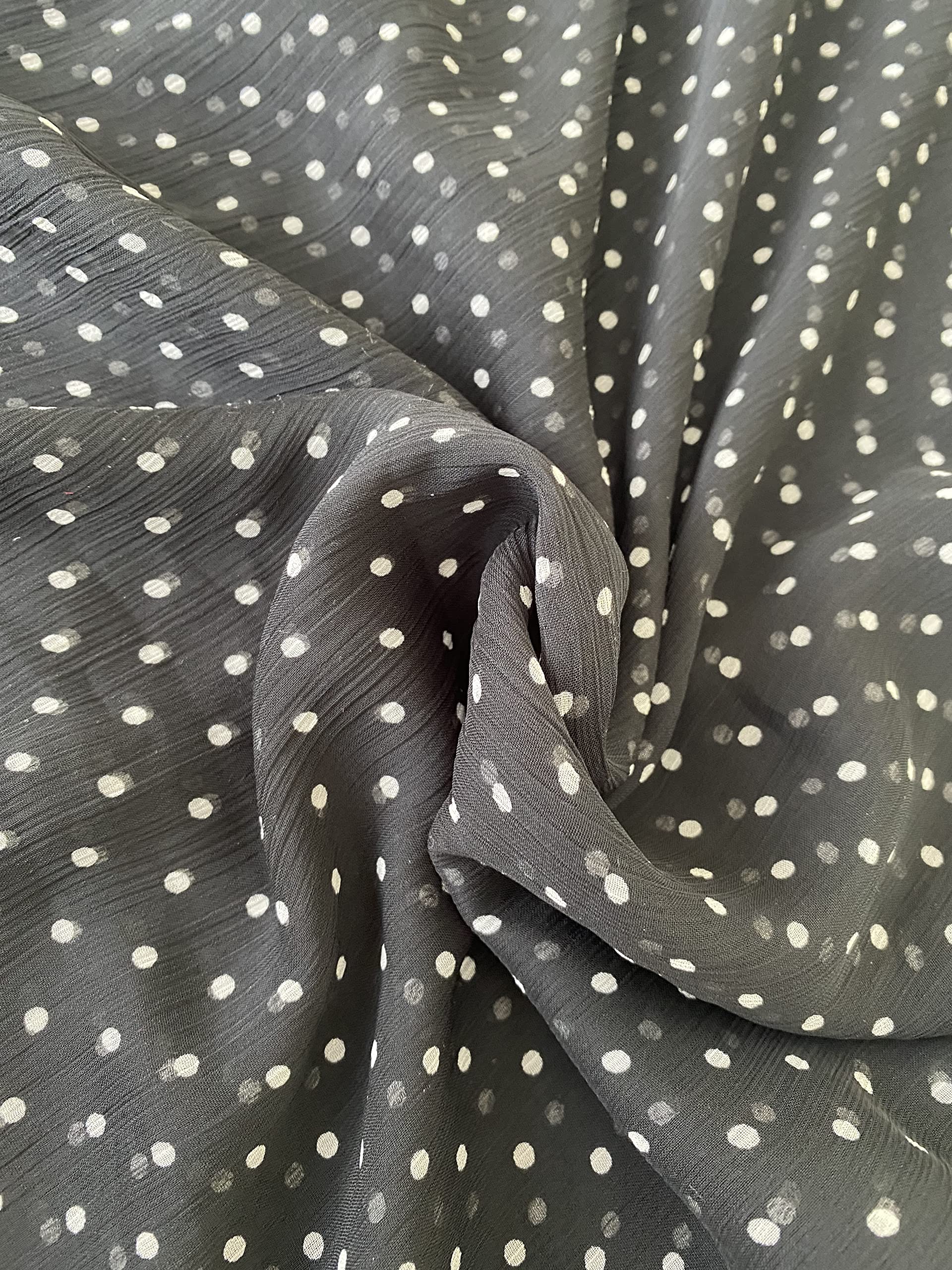 New Chiffon Sheer Fabric Plain Crepe Polyester Woven Dress Wedding Arch Material 60 inch 44''-112cm (Black Polka Dot, 2 Meter)