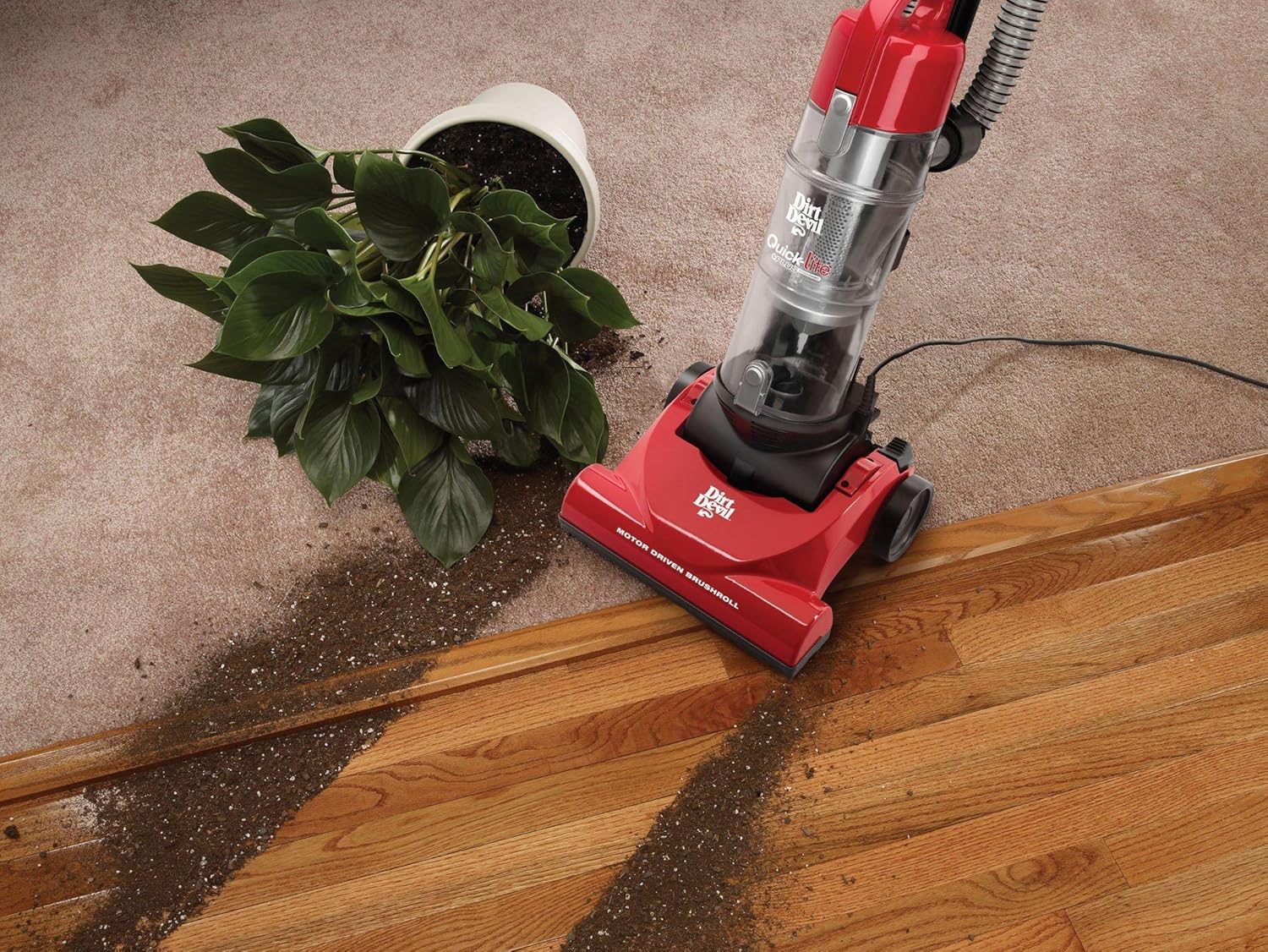 Dirt Devil Quick Lite Plus vacuuming on carpet and hard floor