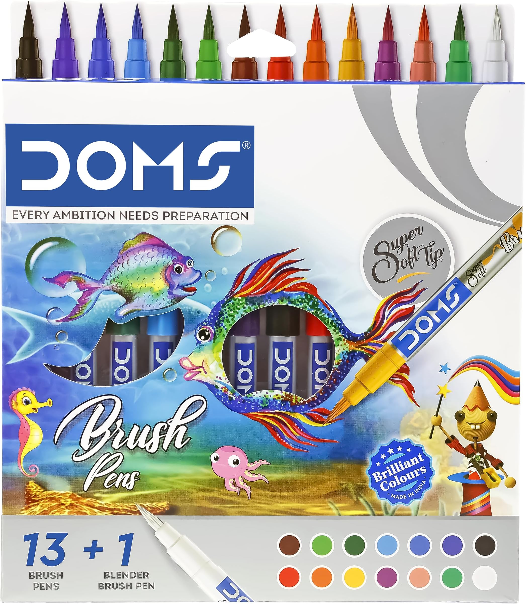 DOMS 14 Shades Brush Pen Box Pack | Super Soft Tip With Brilliant Colors | Water Based Ink Which Gives Water Color Effect | Pack Of 1, Multicolor