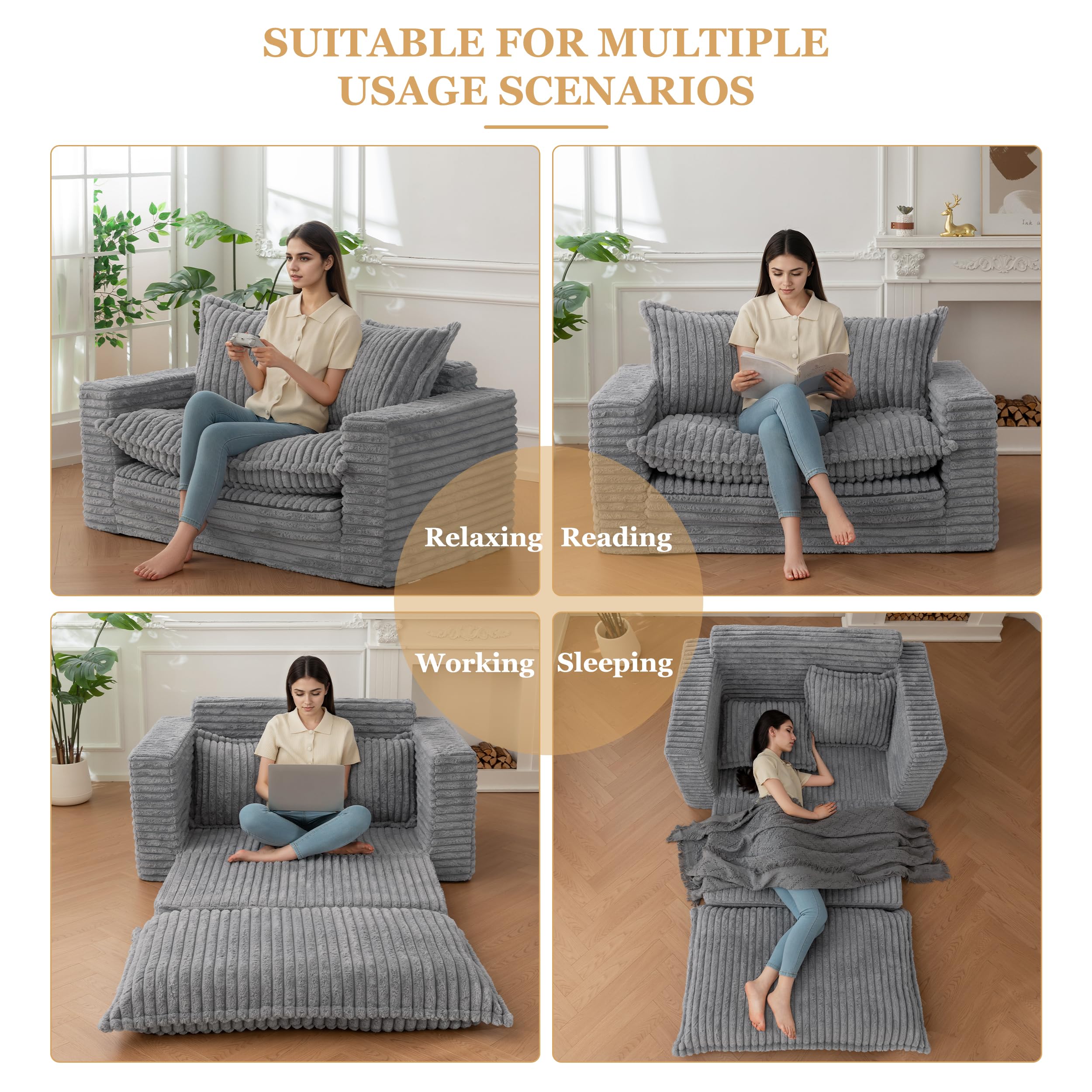 Loveseat Sleeper Sofa, Convertible Sofa Bed Couch Futon Couches for Living Room, 3-in-1 Pull Out Floor Couch with Cushion and Pillows, Dark Grey