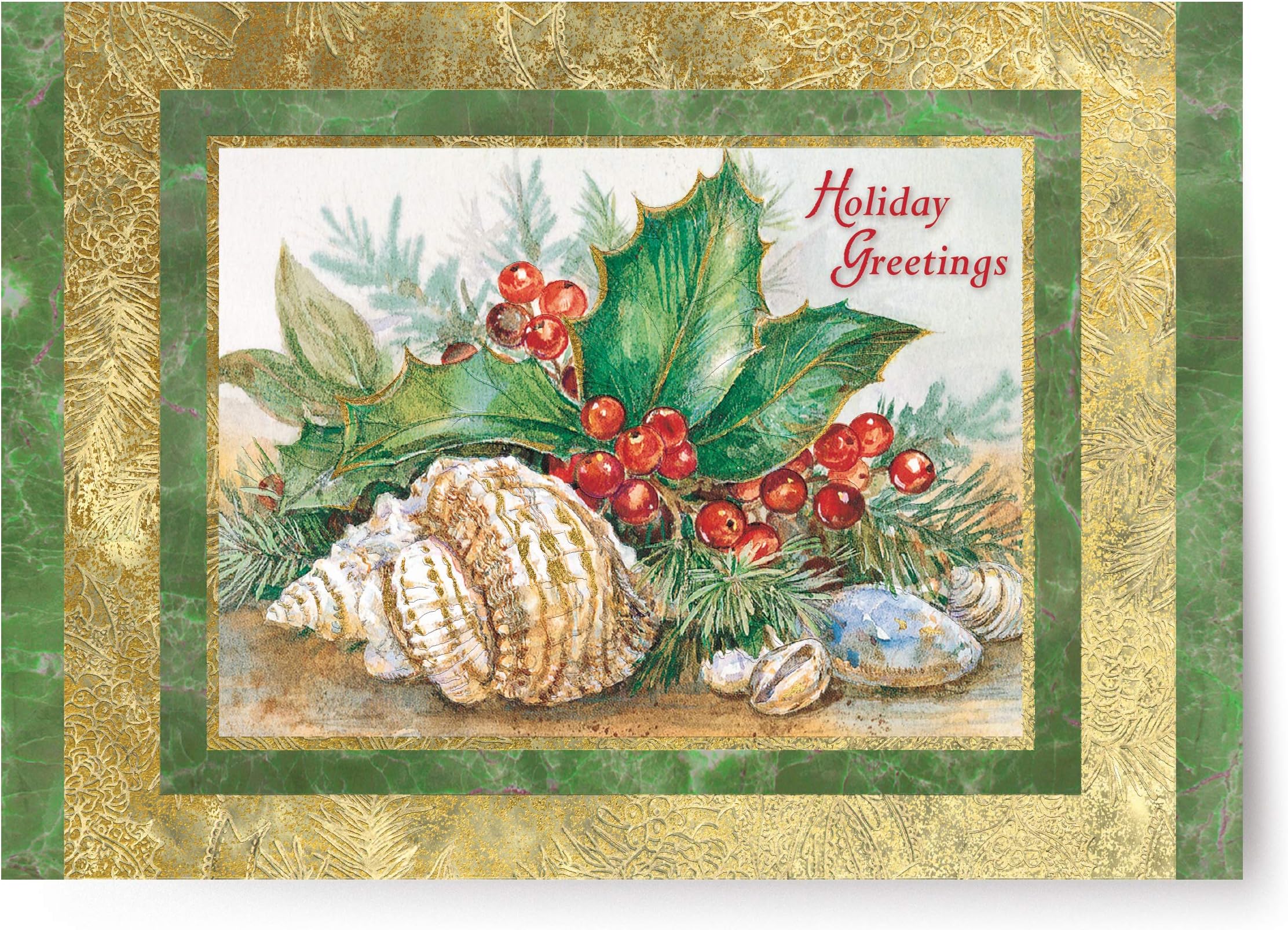 Designer Greetings Red Farm Studio - Boxed Christmas Cards Nautical/Coastal Design; Seashells and Holly (125-00823-000)