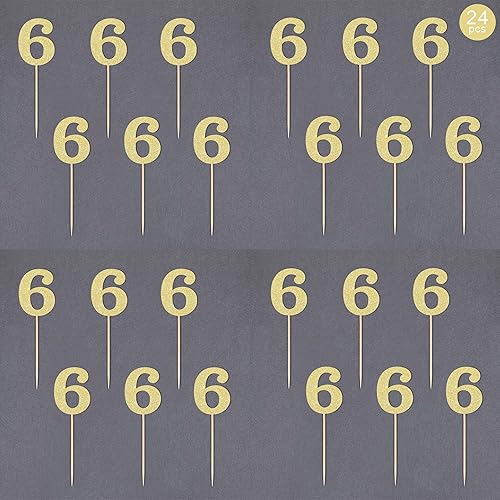 Miniatura 3 de Gexolenu 24 adornos dorados para cupcakes de 6 cumpleaños, decoración con purpurina de seis años para tartas, decoración de fiesta de cumpleaños