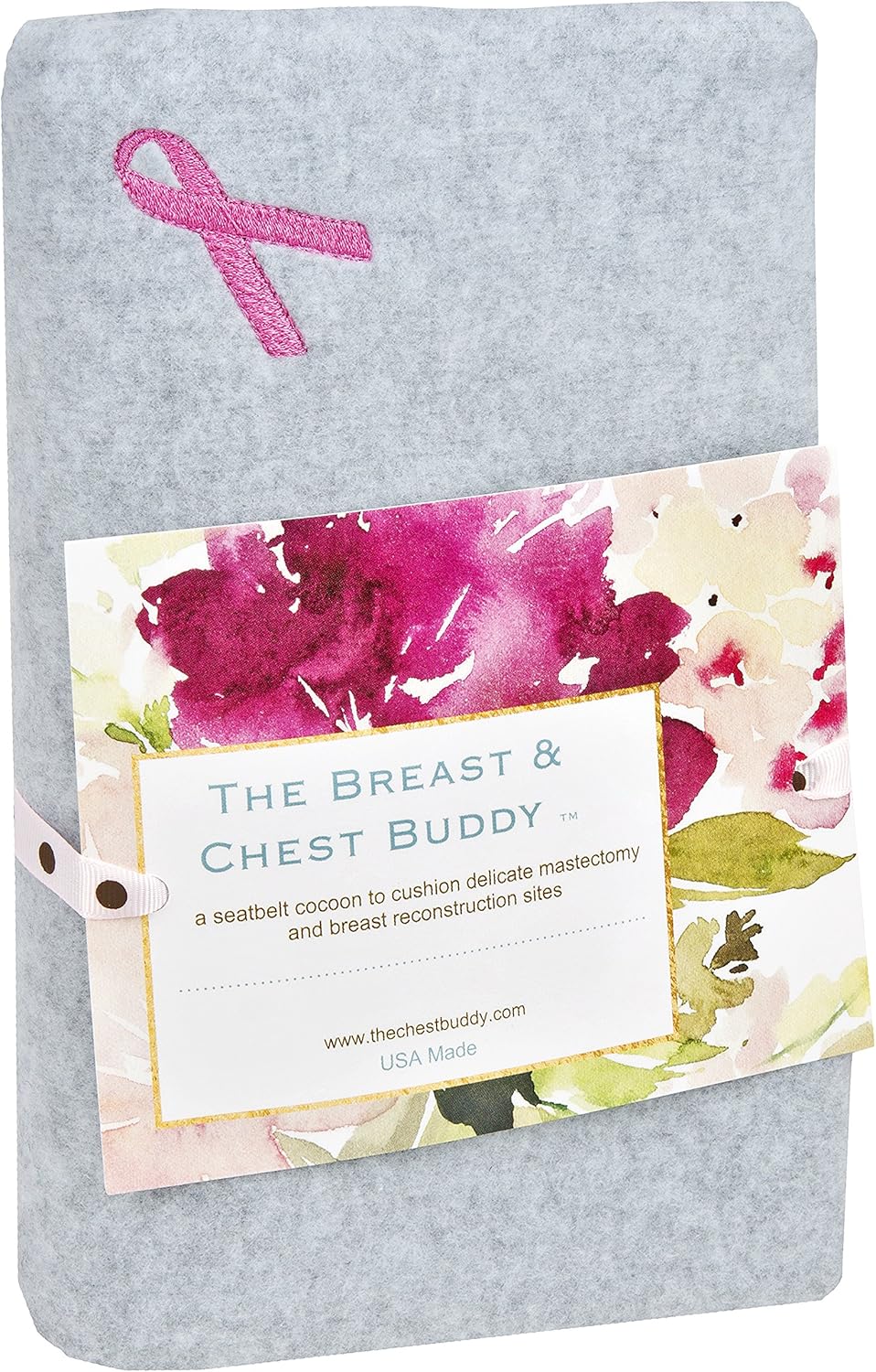 The Breast and Chest Buddy Mastectomy Pillow and Seatbelt Cushion for Mastectomy and Breast Reconstruction Sites Gray with Pink Ribbon