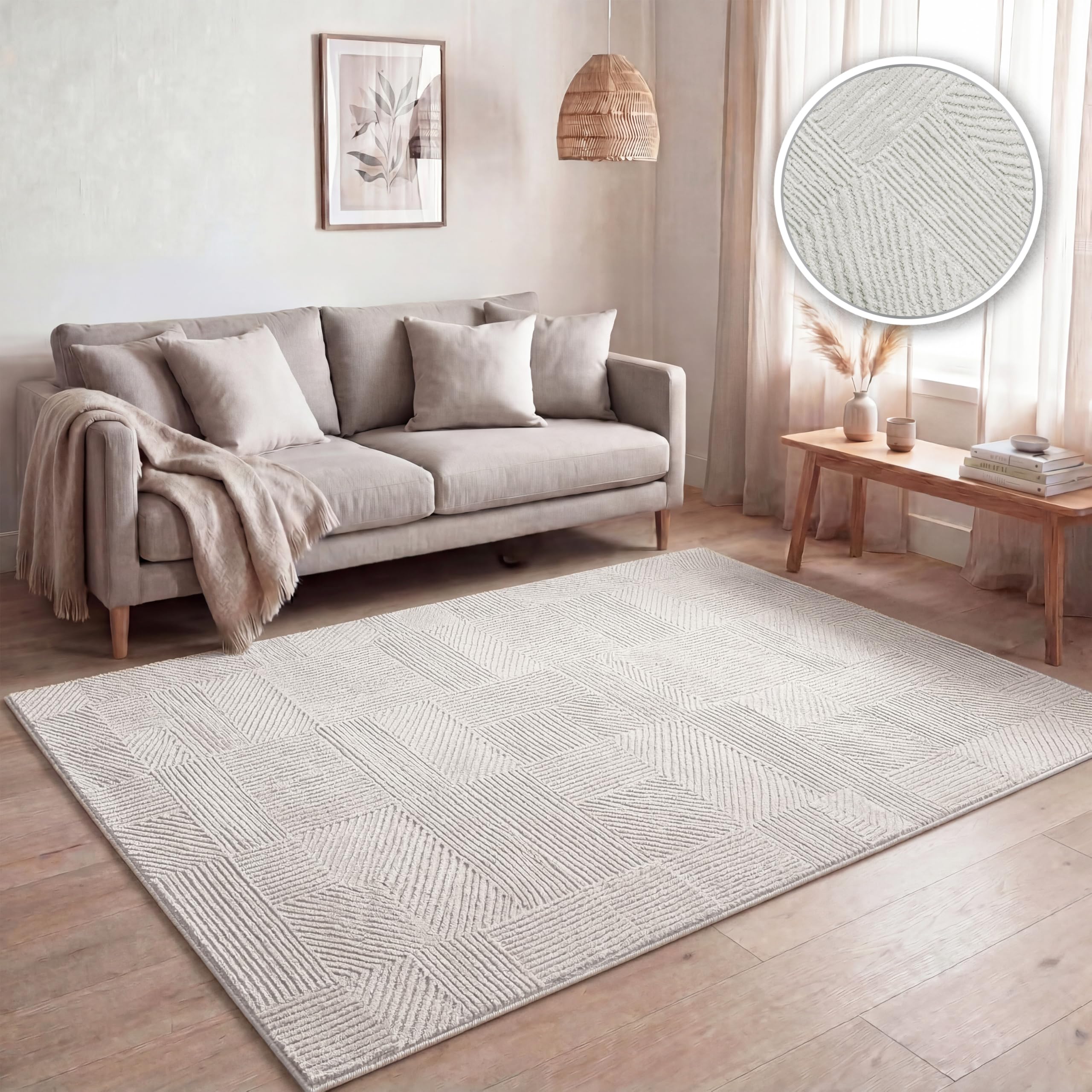 Paco Home Teppich Wohnzimmer Kurzflor, Moderne geometrische abstrakte Muster, 3D-Effekt, Regenbogen und Karo Design, glänzend luxuriös Ton in Ton, Farbe:Creme - Geometrisch, Grösse:200x280 cm