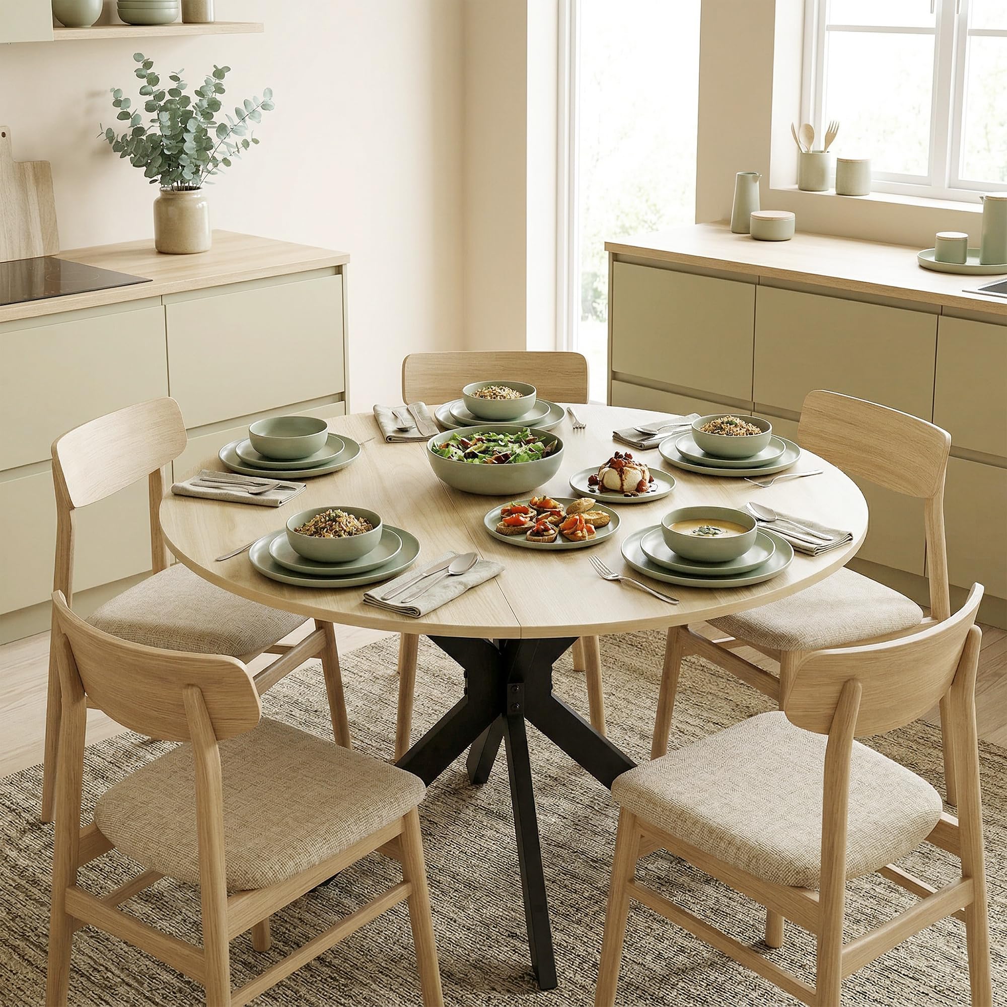 HOMCOM Table à Manger Pliante Ronde 2-6 Personnes Ø110x76 cm Bois Naturel | Table de Cuisine, Plateau Rabattable, Pieds Croisés en Acier, pour Petits Espaces, Salle à Manger