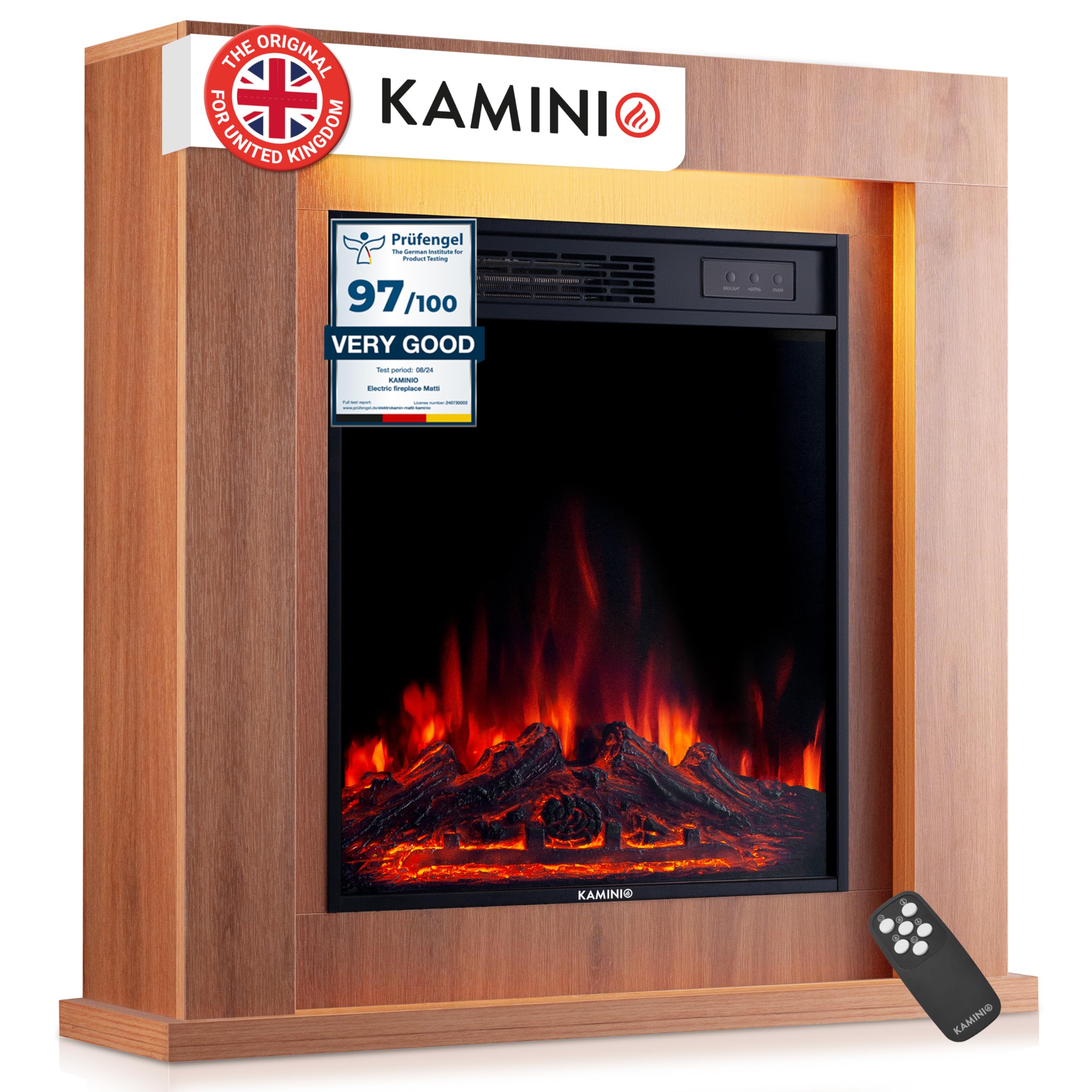 KAMINIO Electric Fireplace MATTI - Freestanding 32 inch Fireplace with Heater, 3D Flame Effect, LED Mood Light, Remote Control (Oak)