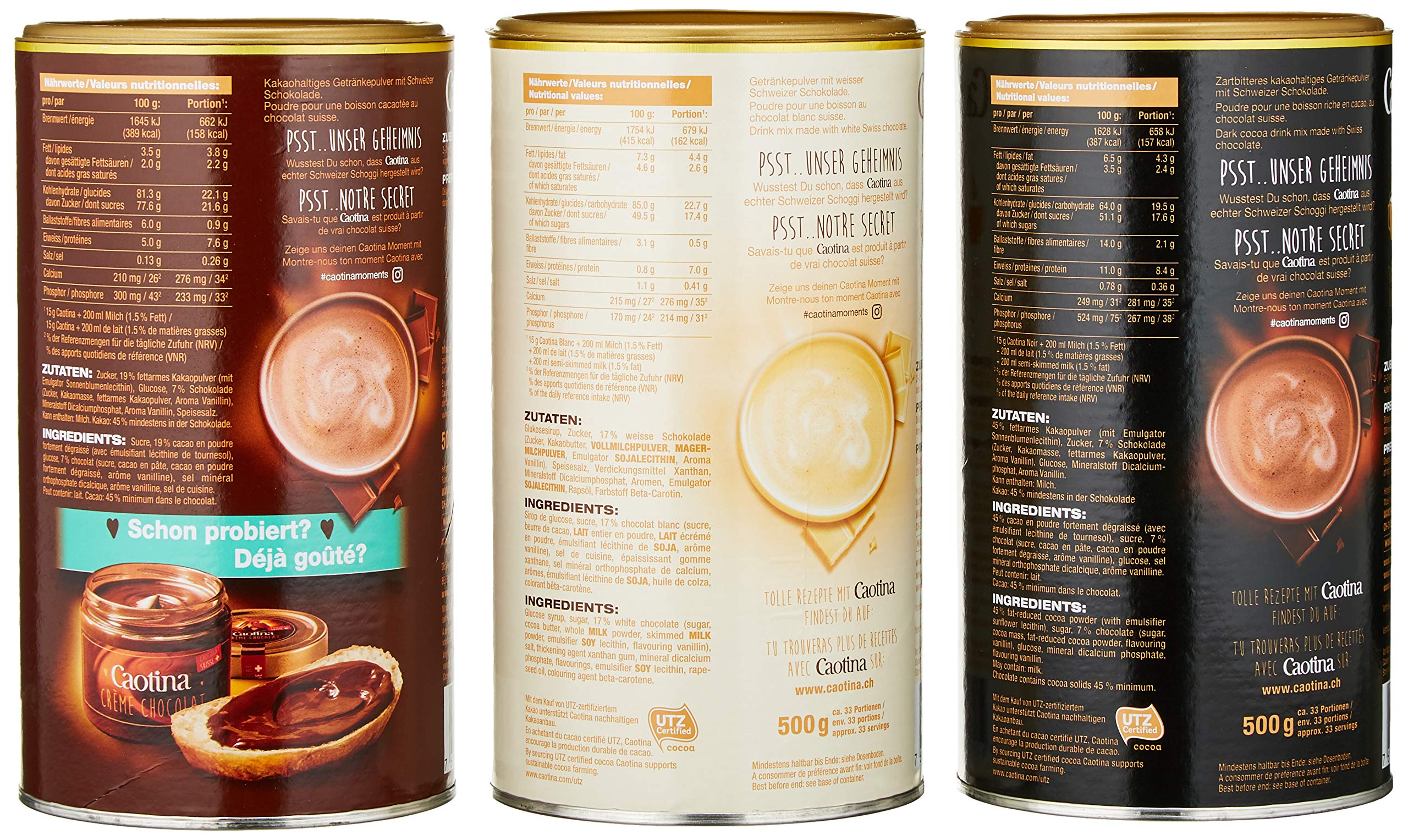 Caotina Original, Noir, Blanc, Cacao in Polvere con Cioccolata Svizzera, Bevande Calde, 3 x 500g