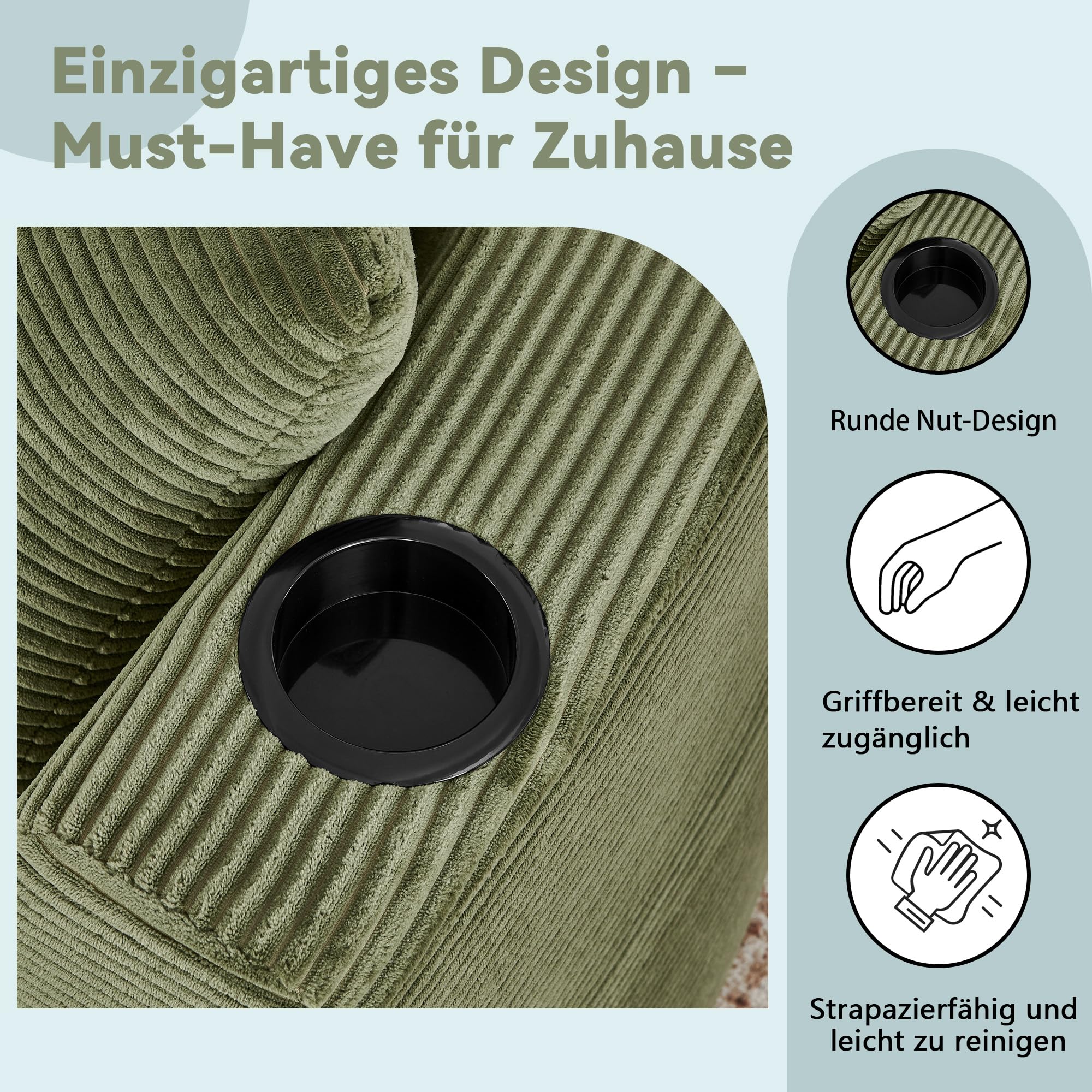 Muskel 3-Sitzer Kompressionssofa,Rechte Chaiselongue+2-Sitzer, Bogenförmiges Design, weicher Kordstoff, mit Getränkehalter und Kissen, vakuumverpackt, für Wohnzimmer, Hotel, Apartment und Büro,Green
