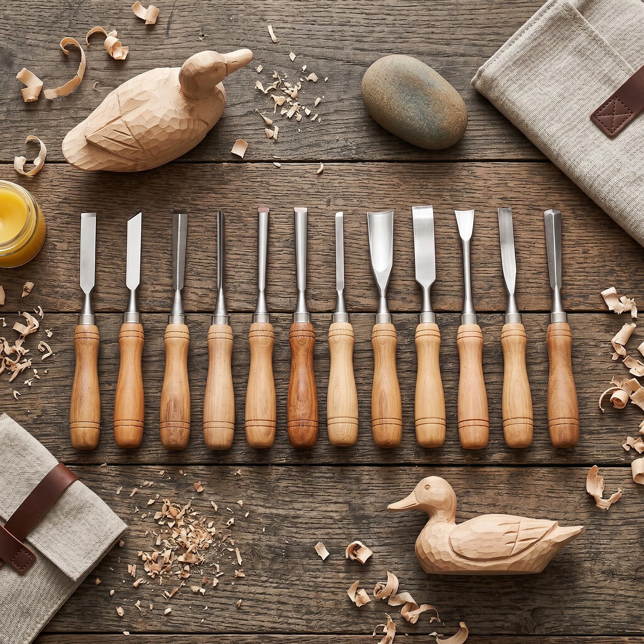 Lot de 12 Ciseaux de Sculpture sur Bois, Ensemble D'outils de Sculpture sur Bois Professionnels avec 12 Couteaux, Boîte de Rangement, Kit de Ciseaux de Sculpture en Acier pour Travailleur Amateur