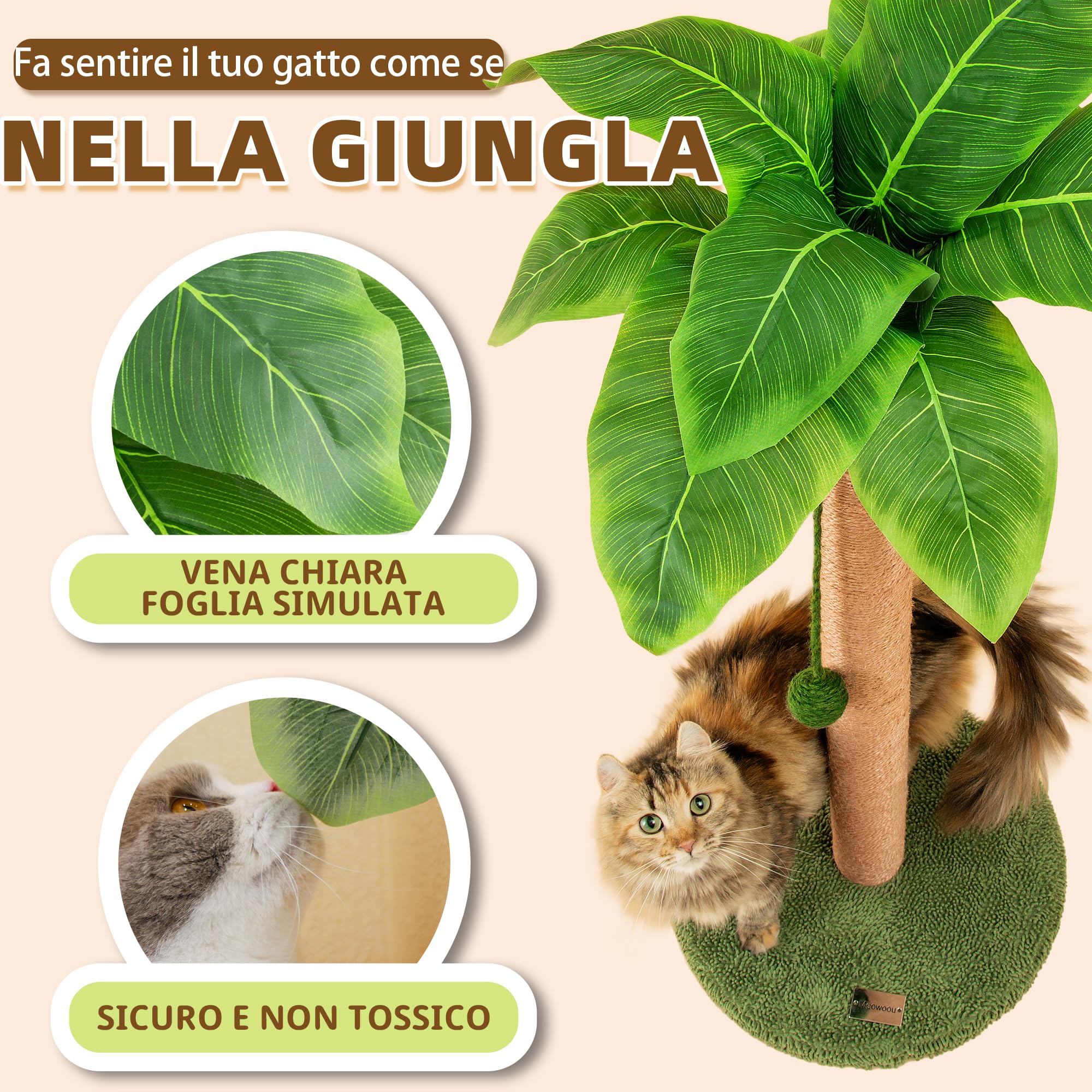 MEOWOOU Tiragraffi per Gatti Alto 60 cm con Corda in Sisal Da Interno Adulti Graffiatoio in Sisal Carino per Gattini Verde Palo