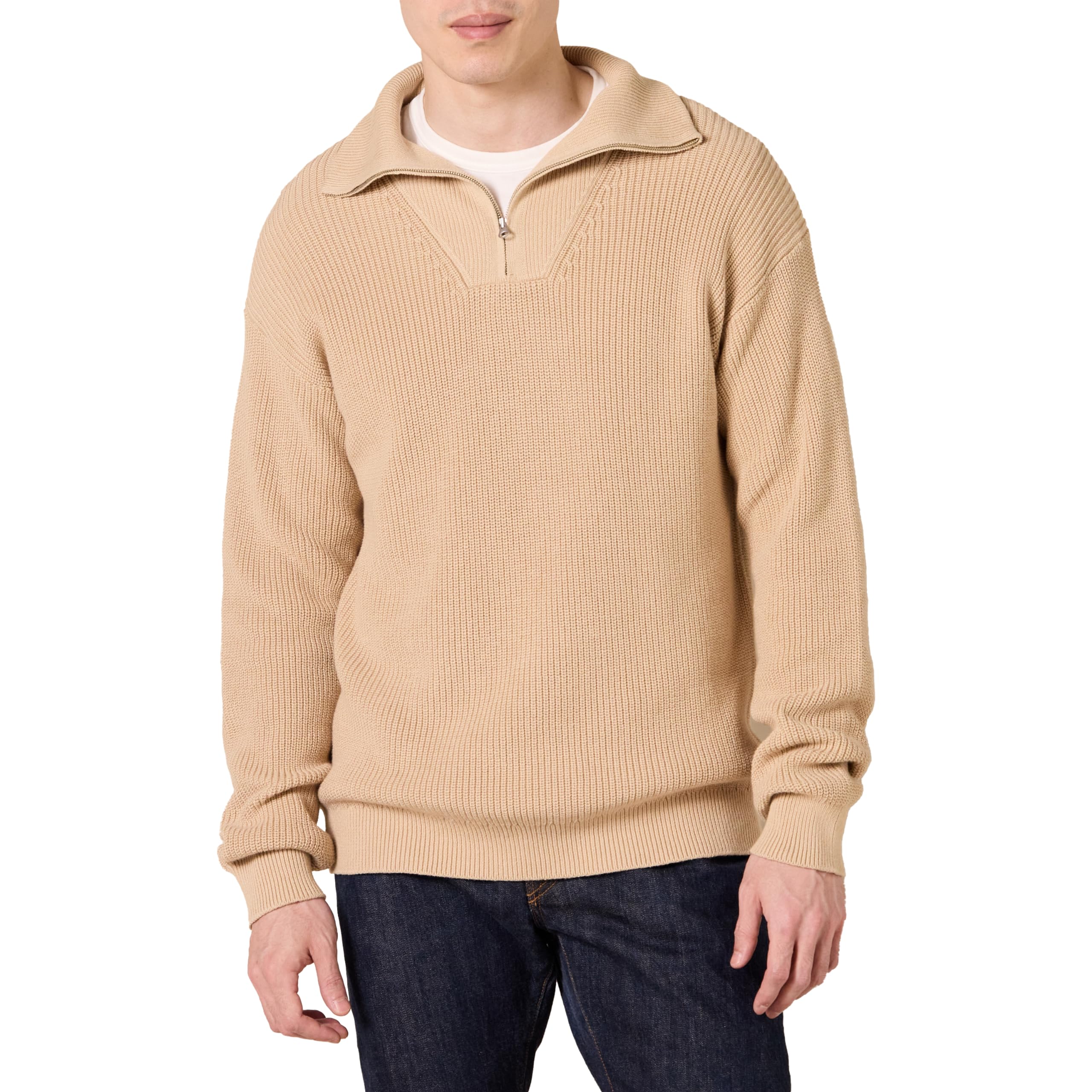 Amazon Essentials Men's Quarter-Zip Rib-Knit Relaxed-Fit Sweater, Light Camel, Large