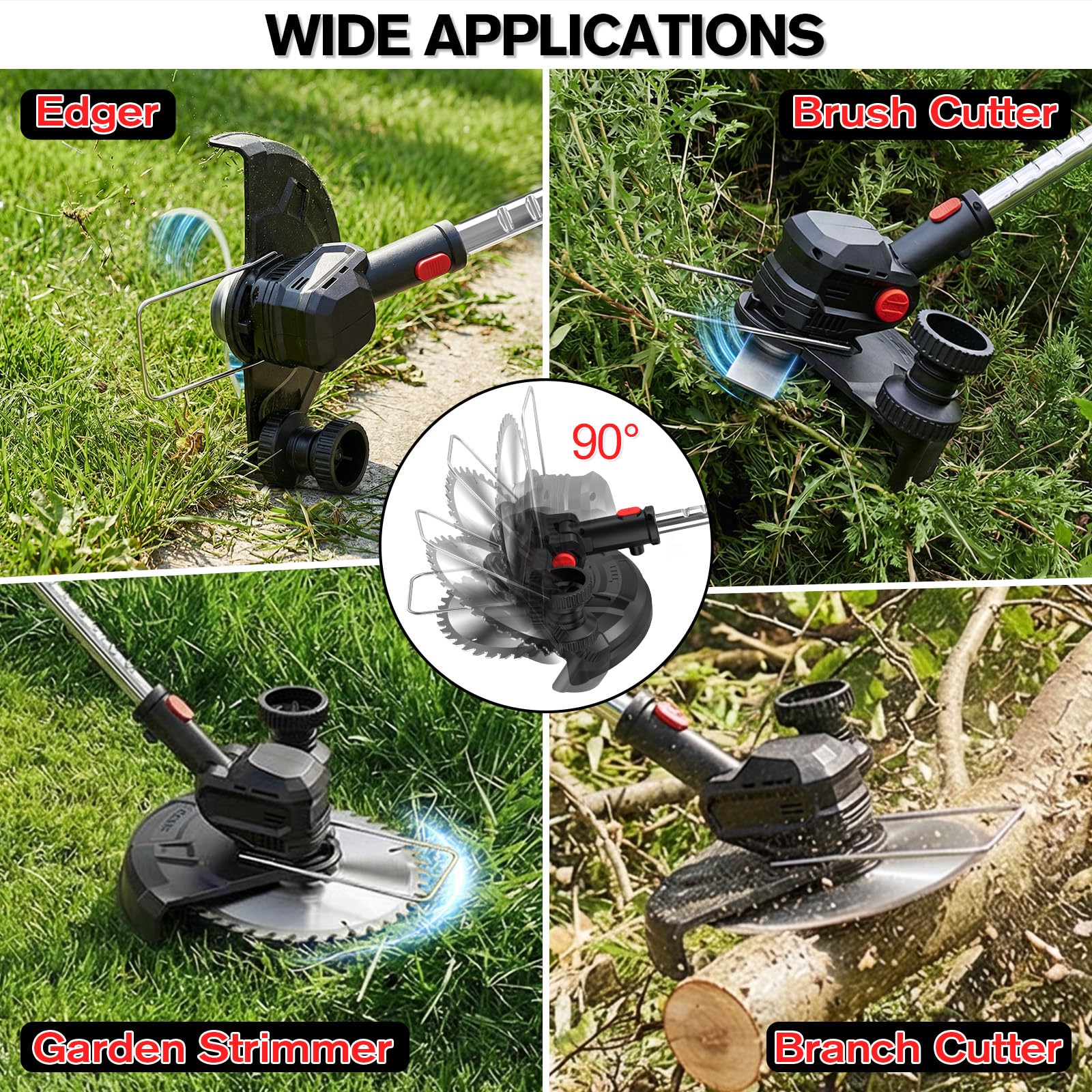 Cordless Strimmer with 2x2.0Ah Batteries, 750W Grass Trimmer and Cordless Brush Cutter with Wheels, 24000RPM Electric Weed Trimmer with Metal Blades, Lightweight Telescopic Strimmer — view 6