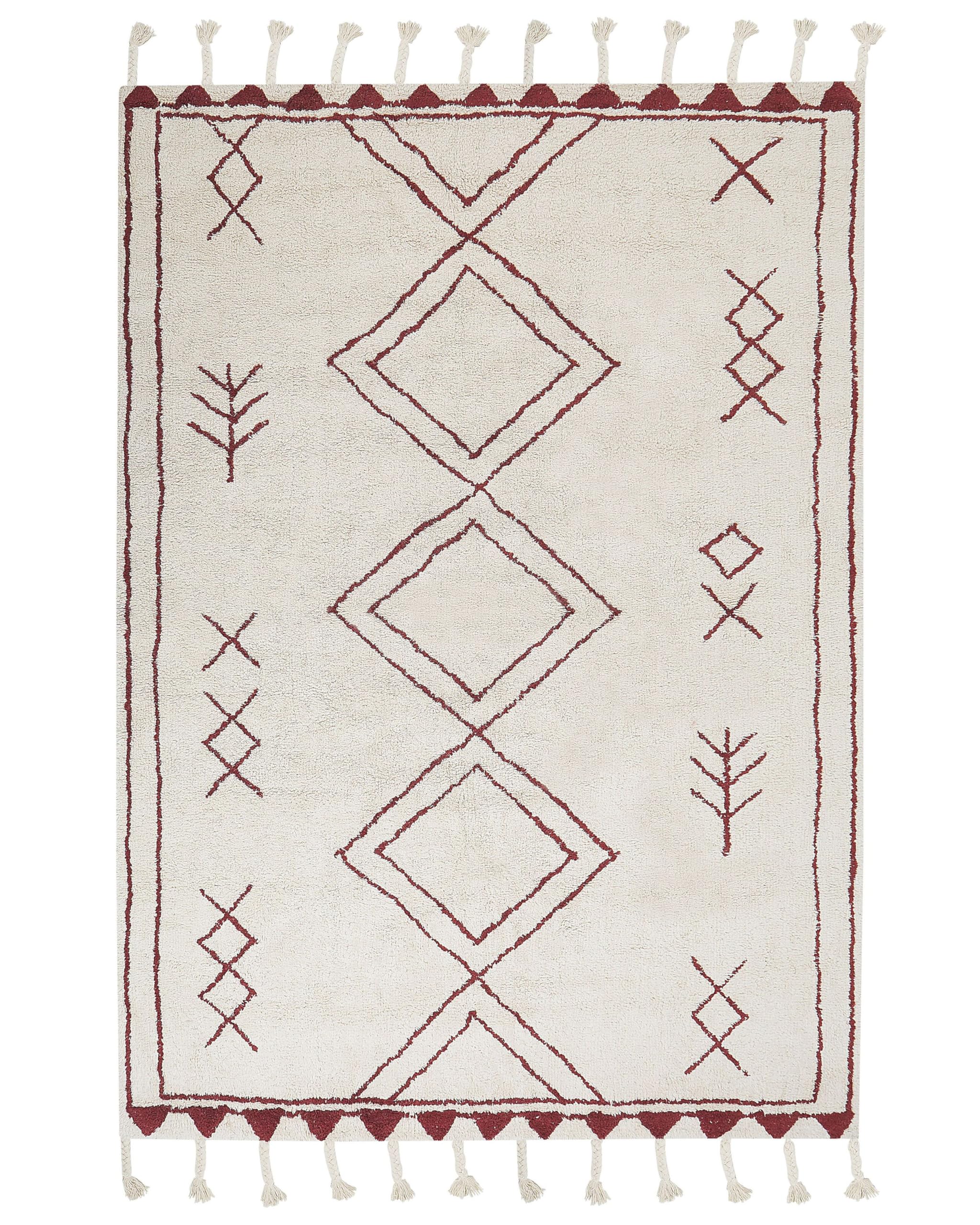 Beliani Tapis Moderne en Coton à Motifs avec Franges 160 x 230 cm Blanc et Rouge Kenitra
