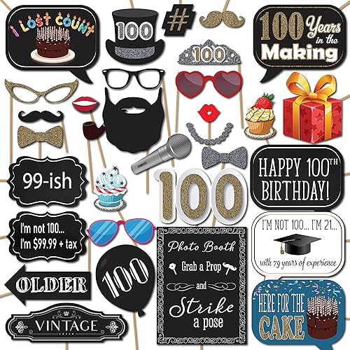 Accesorios para cabina de fotos de cumpleaños número 100  31 piezas para selfies con letrero de 8 x 10 pulgadas, 45 almohadillas adhesivas, 35