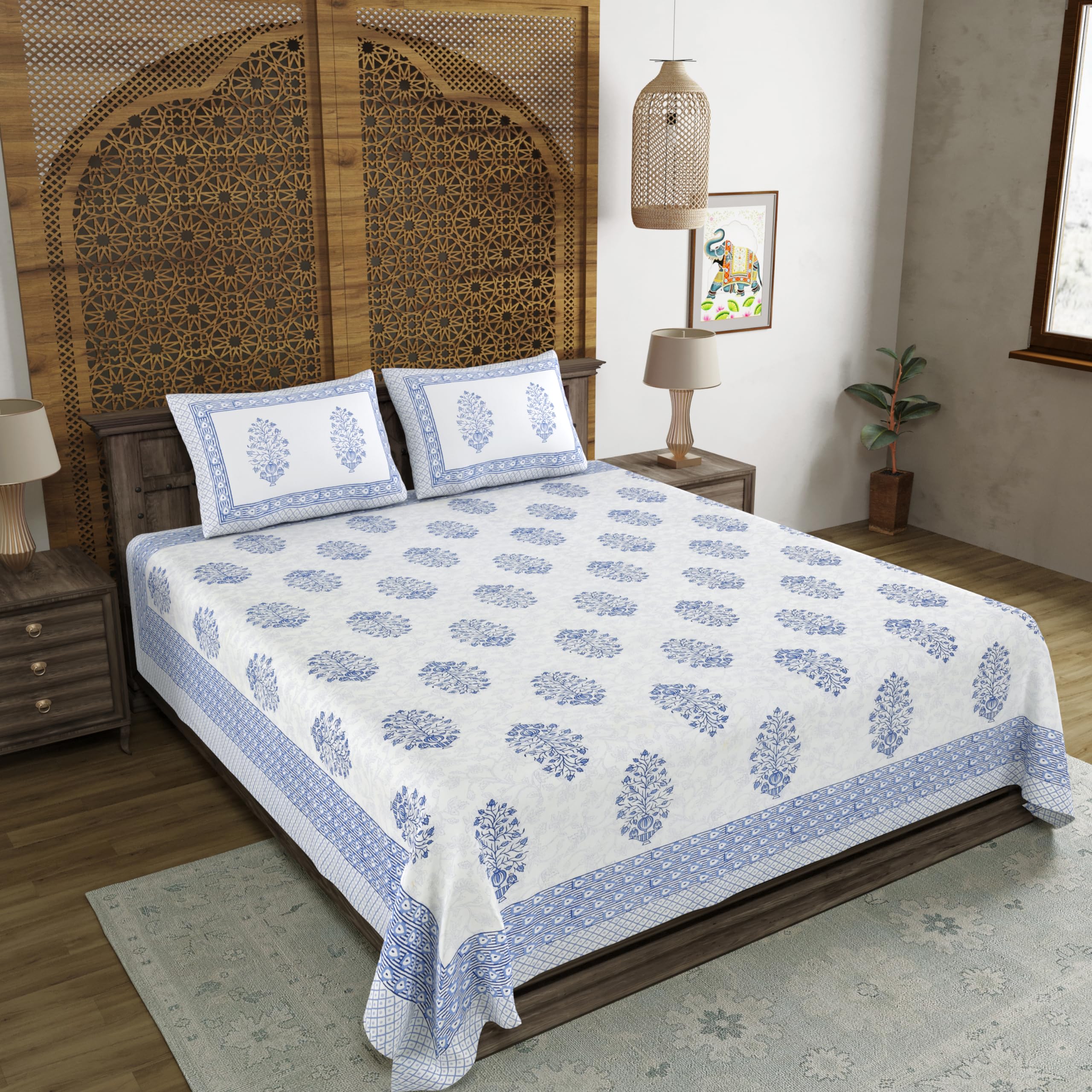 BLOCKS OF INDIA Hand Block Printed 200 TC Cotton King Size Bedsheet (Blue Pot) 1