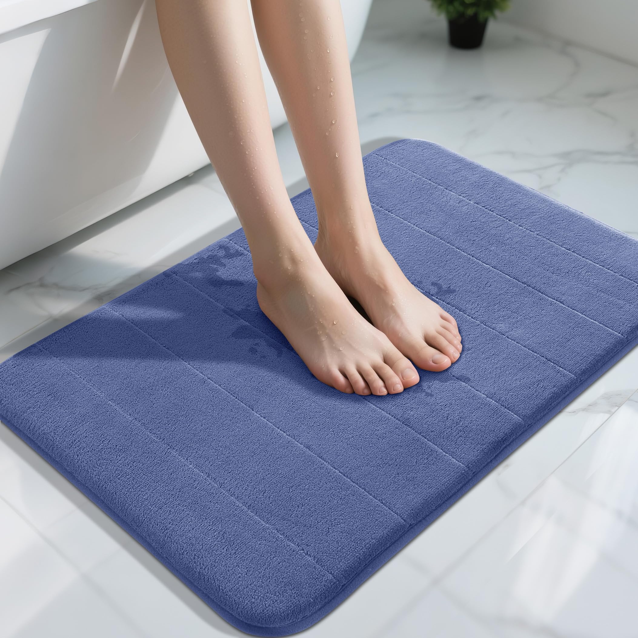 Yimobra Memory Foam Bath Mat, Super Soft Absorbent Bathroom Rug Non Slip 31.5x20 Inch, Quick Dry, Machine Washable Floor Carpet for Tub Shower, Home Decor Accessories, Navy Blue
