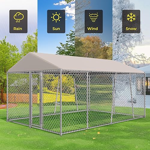 Miniatura 3 de Lyromix 10 x 15 pies Jaula grande para perros al aire libre con techo, Jaula para perros al aire libre con cubierta impermeable, Jaula de eslabones