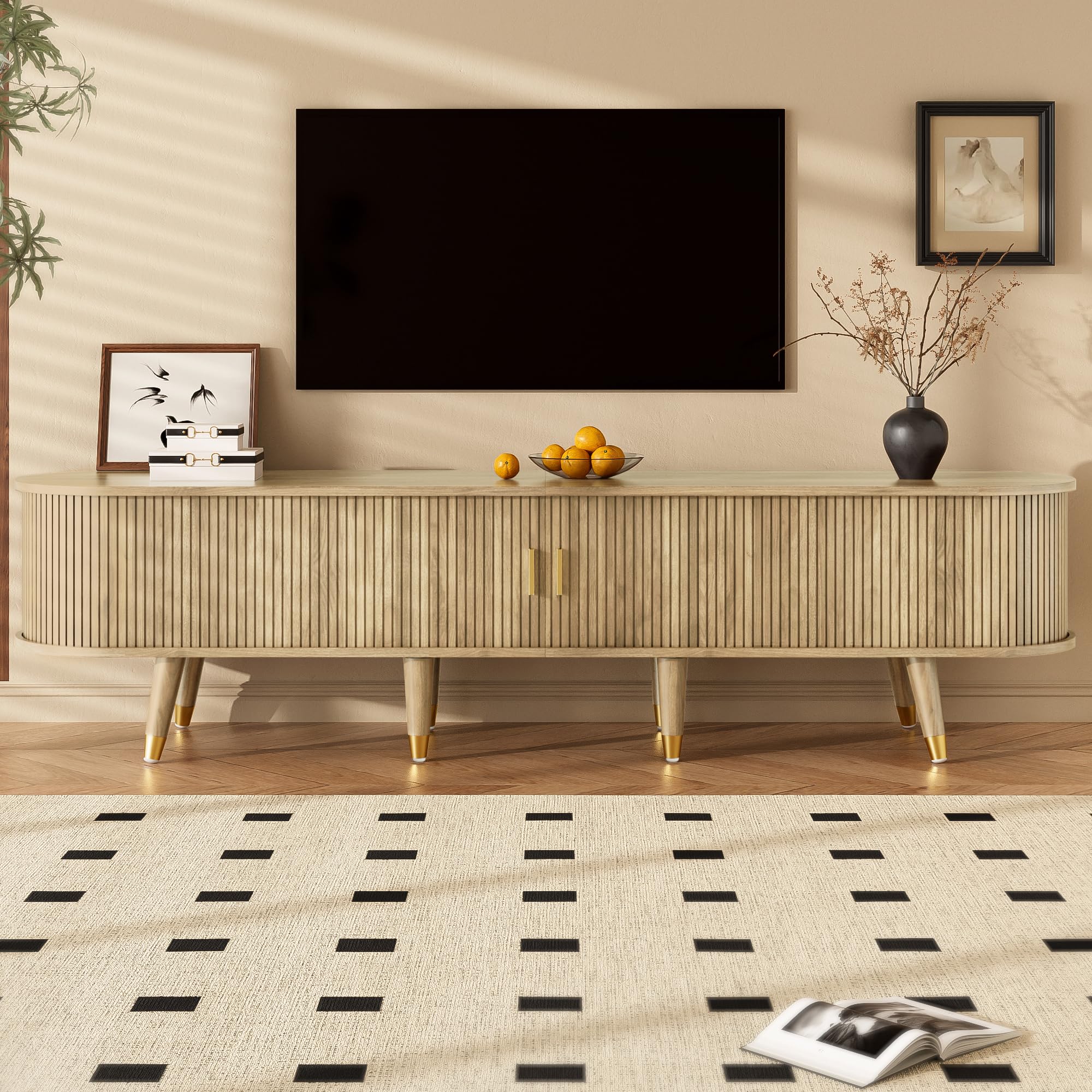 Merax TV Stand Cabinet, TV Unit 175cm Storage Cabinet with Sliding Door, Open Shelves, Drawers, Stabilizing gold finish Legs, 175 L x 38 B x 45 H, Light Wood Color