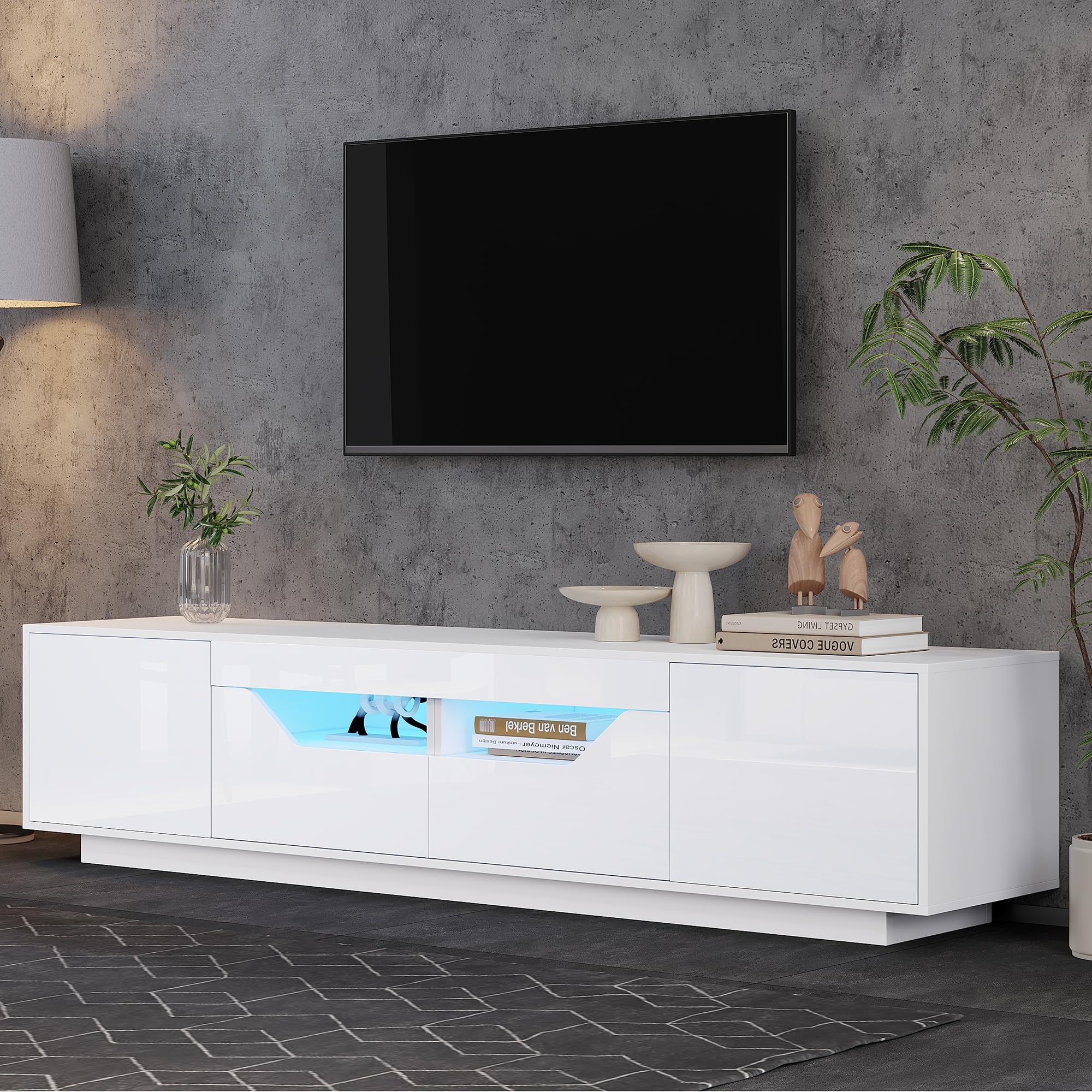 Mobile TV da 180 x 40 x 45 cm, con 2 cassetti e 2 armadi, mobile TV lucido con luci a LED, TV da 75 pollici, bianco