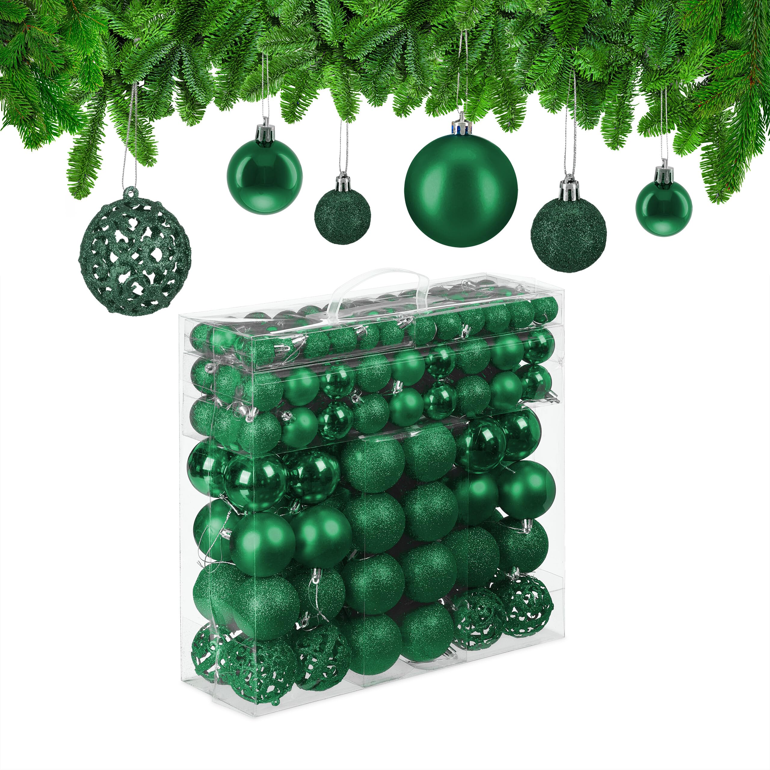 Relaxdays Set da 150 Palline di Natale, Addobbi Natalizi, Opache, Lucide, Glitterate, ∅ 3,4 e 6 cm, Decorazioni, Verde