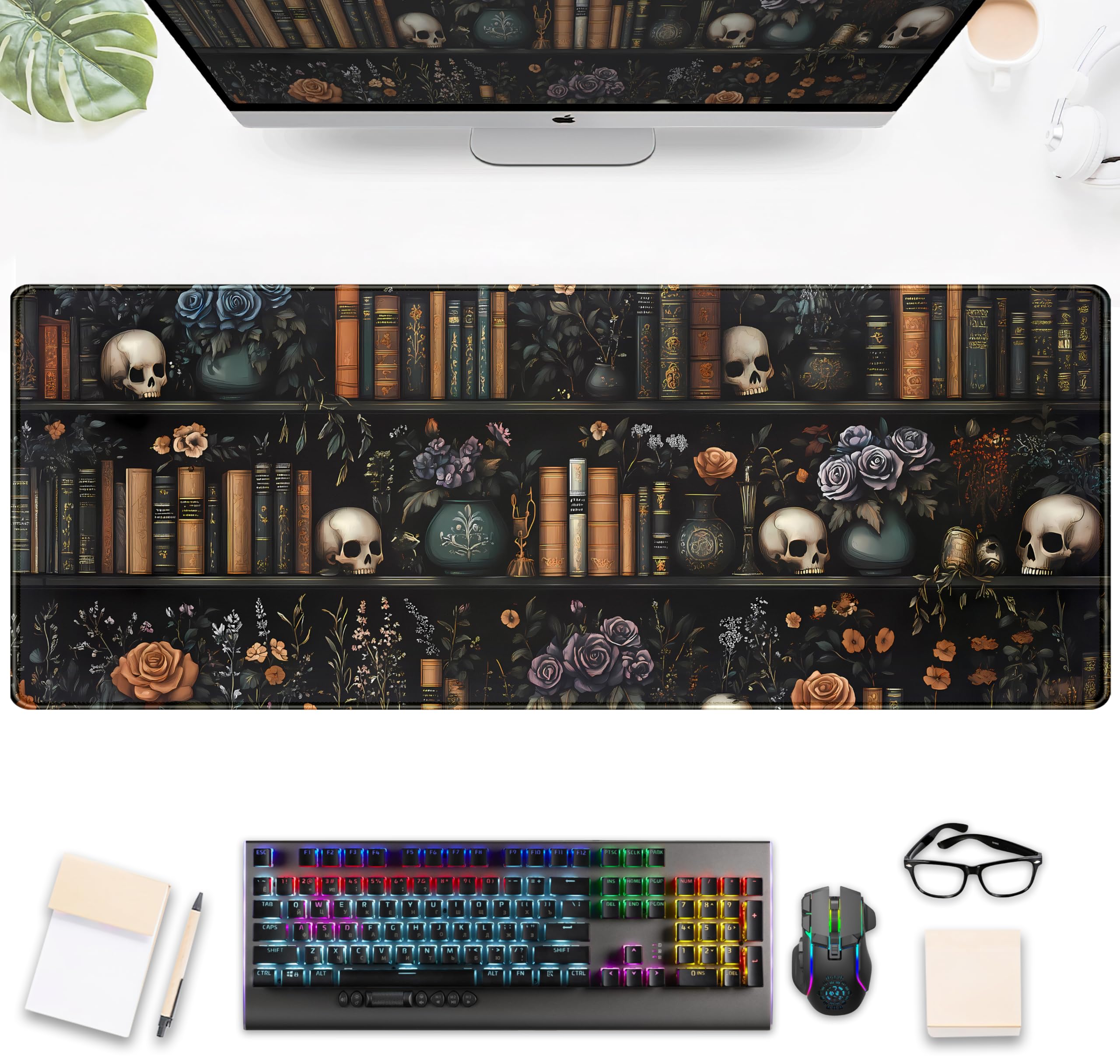 Dark Bookshelf Desk Pad Gothic Gaming Mouse Mat XL Black Large Computer Keyboard Mat Mystery Flowers Desk Mat