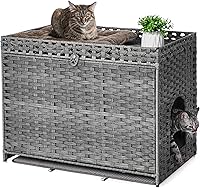 Vista 11 de Caja de arena para gatos con alfombrilla de arena suave; muebles ocultos de baño para gatos con puerta; casa de gato tejida a mano con gran espacio