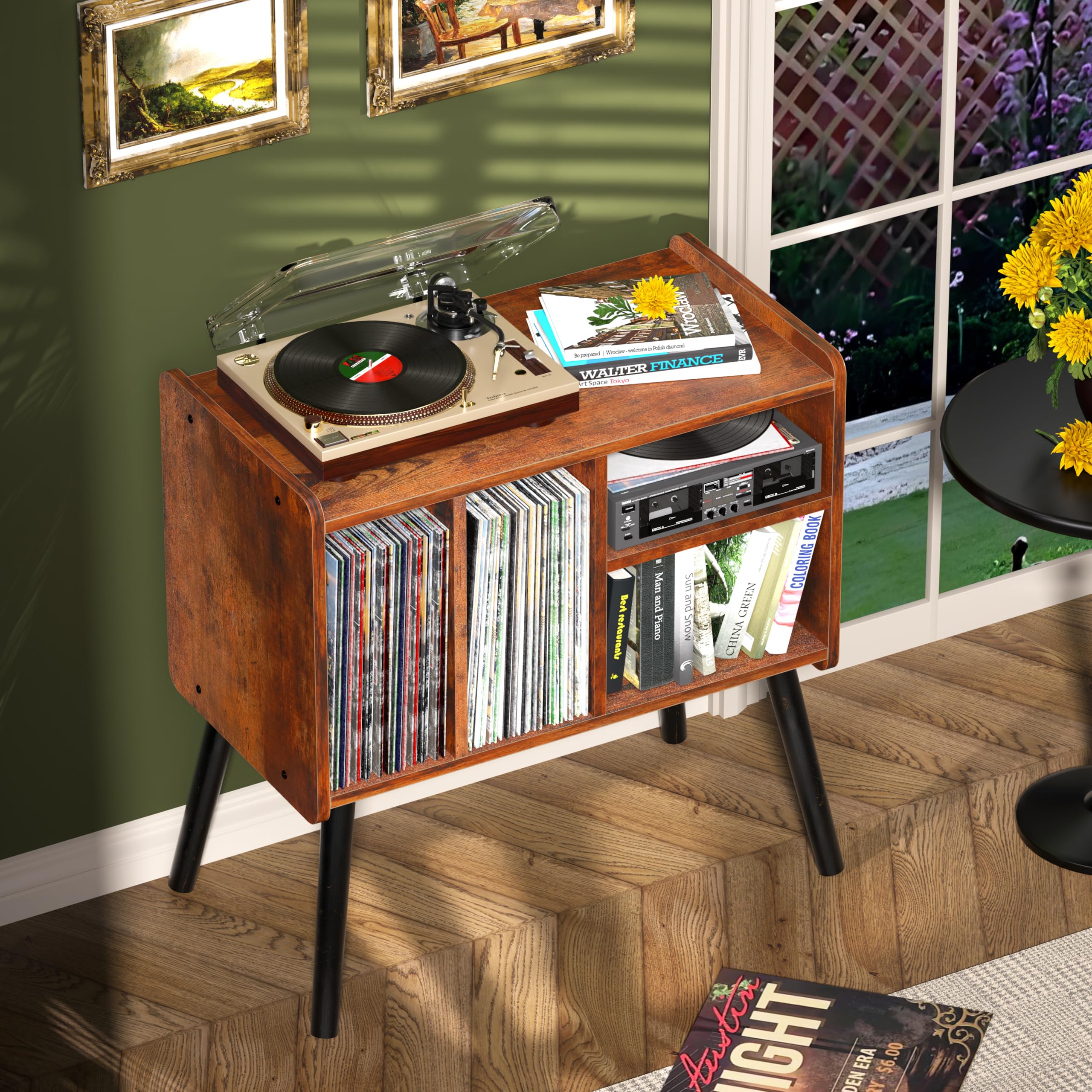 Tavolo per giradischi della metà del secolo con deposito in vinile per fino a 150+ album, armadietto in vinile con ripiani regolabili, marrone
