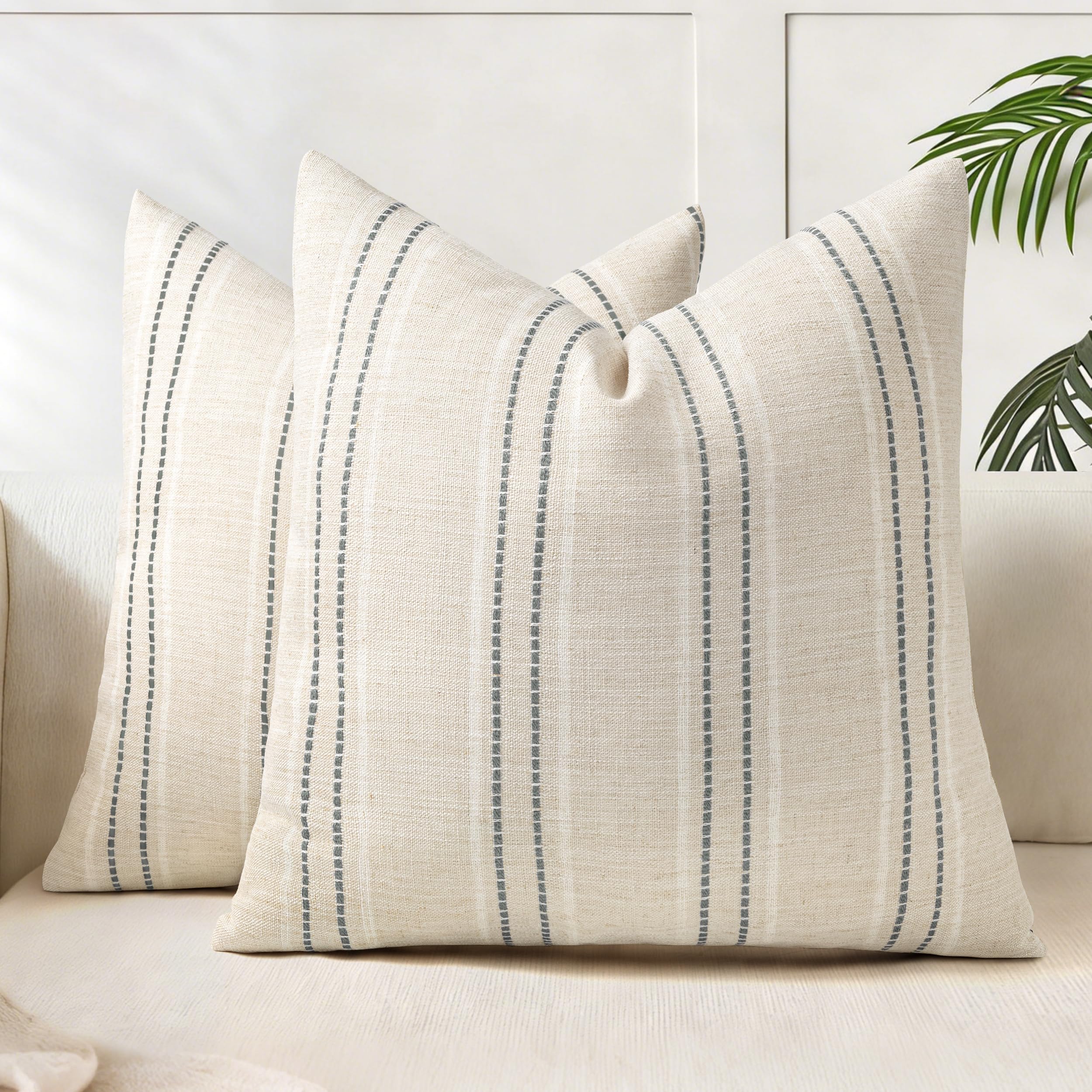 AELS 16x16 Decorative Farmhouse Linen Throw Pillow Covers, Boho Textured Pillow Case, Set of 2, Beige with White & Gray Stitch Yarn Dyed Stripe Cushion Cover for Sofa Couch Living Room (Cover ONLY)