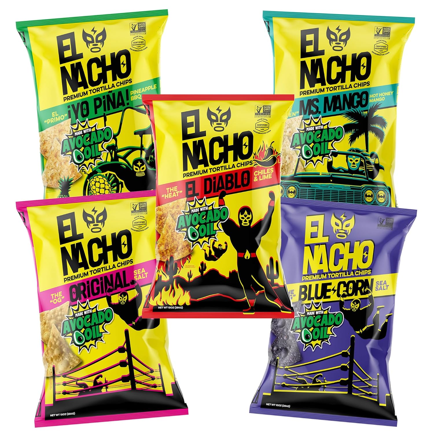El Nacho Premium Tortilla Chips – Cooked in 100% Avocado Oil, Regeneratively Grown Corn, Non-GMO, Gluten-Free, Vegan, Kosher - Pack of 12 10oz Bags (Variety Pack)