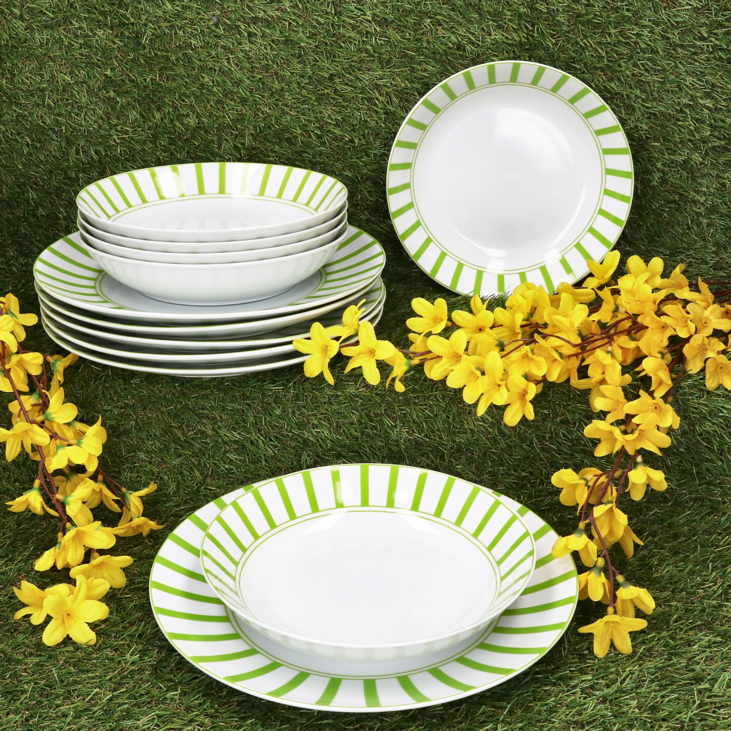 MamboCat Service de table Split vert 12 pièces - Vaisselle en porcelaine blanche avec rayures pour 6 personnes - 6 assiettes creuses et 6 assiettes plates pour le petit-déjeuner, le déjeuner et le