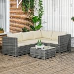 Outsunny 3 Pieces Garden Rattan Furniture Set, 4 Seater Wicker Patio Furniture Outdoor Conversation Set with Loveseats Coffee Table Cushions for Backyard Pool, Beige