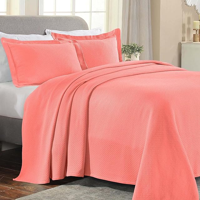 Superior Oversized Premium Bedspread Set, Diamond Solitaire Jacquard Design, Soft, Breathable, All-Season, Matching Pillow Shams, Lightweight and Cozy Bedding, King, Coral