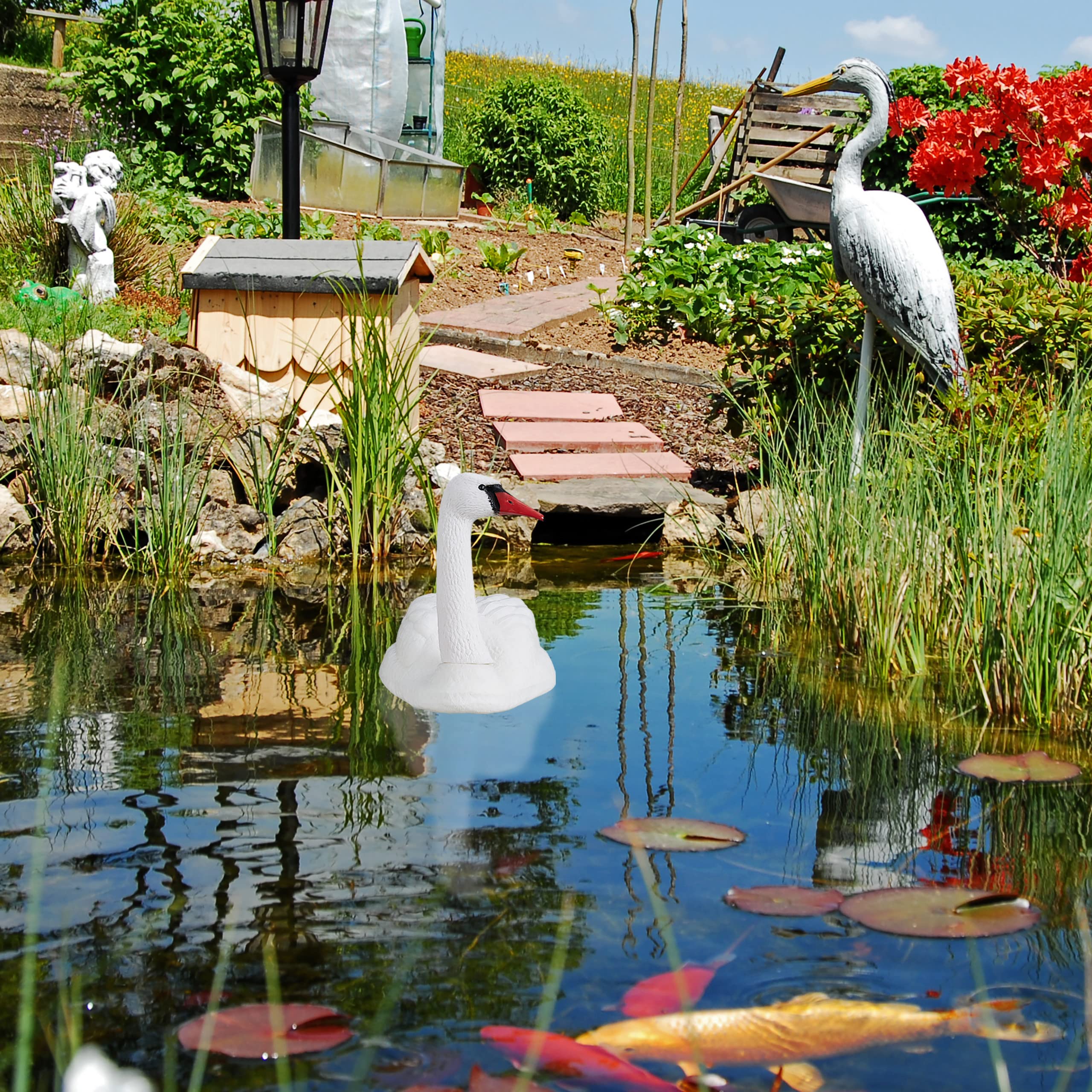 Relaxdays Set de 2 Cisnes Decorativos para Estanque, Nadando, para Atar, Plástico, Resistente Intemperie, Adorno XXL, Blanco