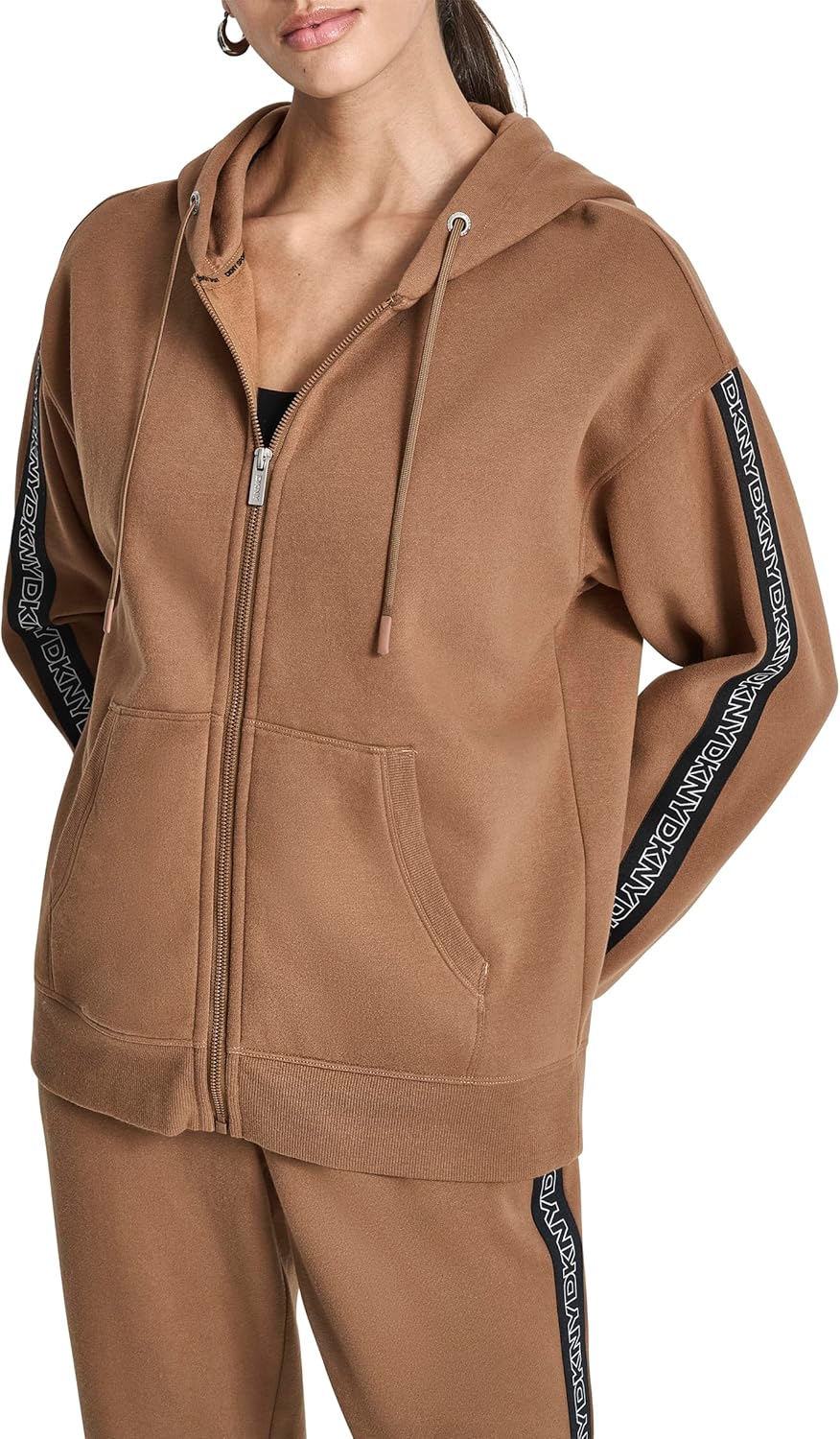 DKNY womens Long Sleeve Logo Tape Full Zip Hoodie Sweatshirt