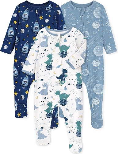 Yoofoss Baby Pajamas 100% Organic Cotton Newborn Sleepers Boy Girl Clothes | Two Way Zipper Footed Pjs for Newborn 0-3 3-6 6-9 12 18 24 Months, 3Pcs Soft Footies, Sleep and Play Baby Essentials - Newborn - White Blue Space