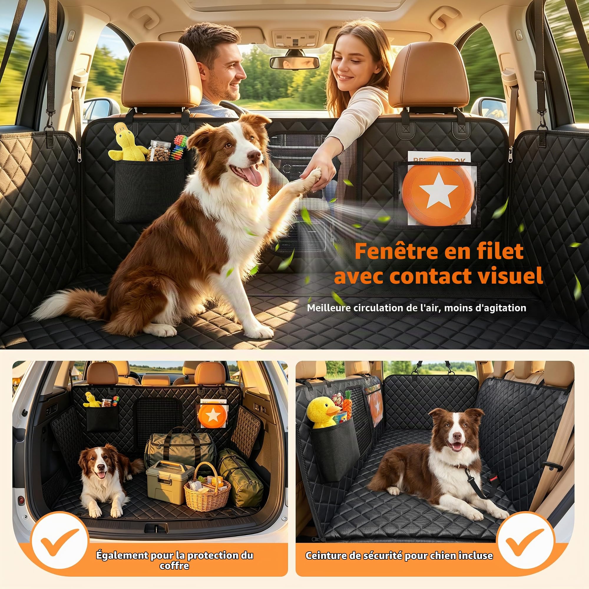 Hundedecke Auto Rückbank mit Hartboden, 137 x 63cm, Hunde Autositz Rückbank für große Hunde, stabile PP-Wabenplatte BIS 125 kg, Wasserdicht, mit Netzfenster, Seitenschutz & Sicherheitsgurt