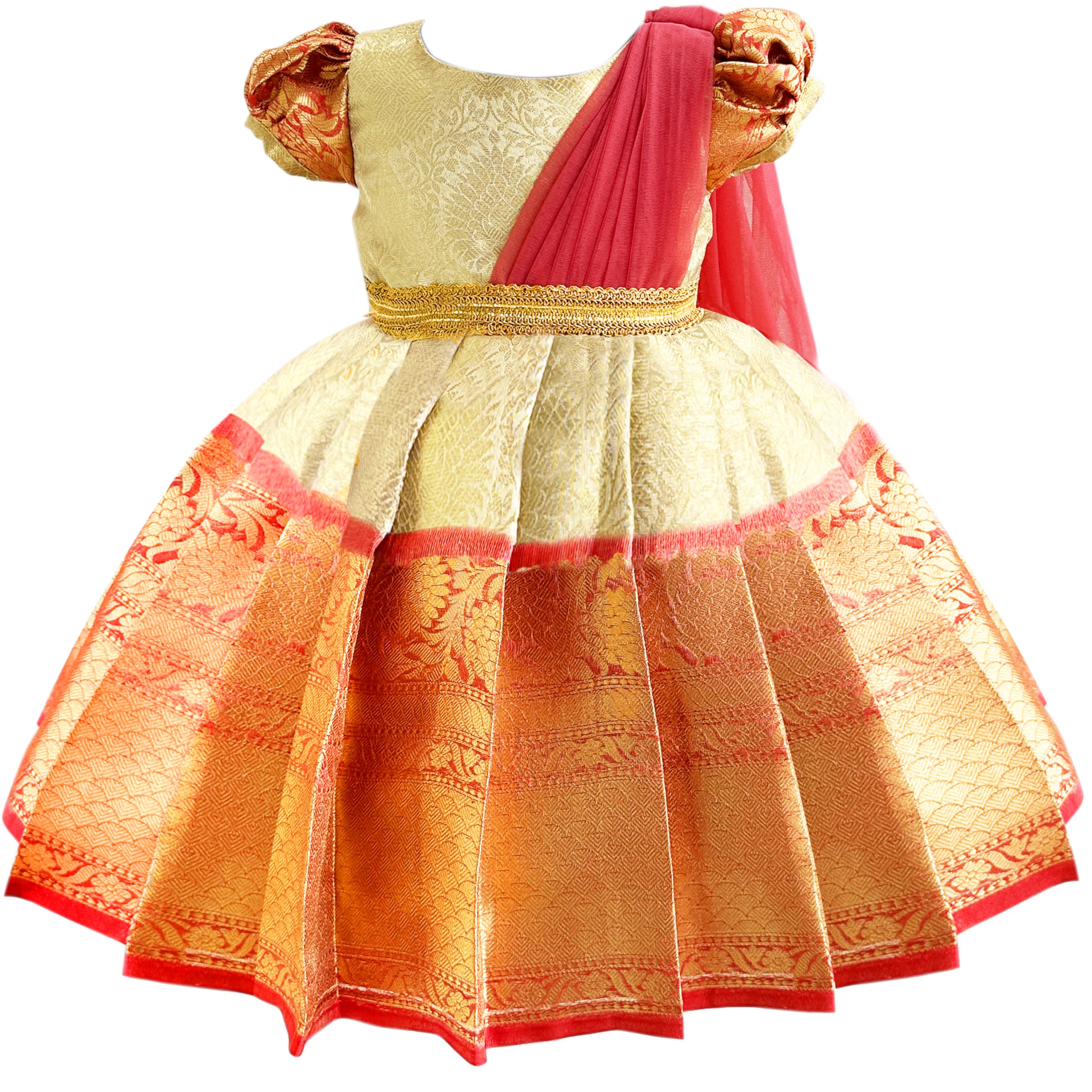 stanwells kids Gold & Peach Banarasi Silk Saree Frock for Baby Girls - Traditional Ethnic Dress for Birthday (6 Months-7 Years)-picture-10
