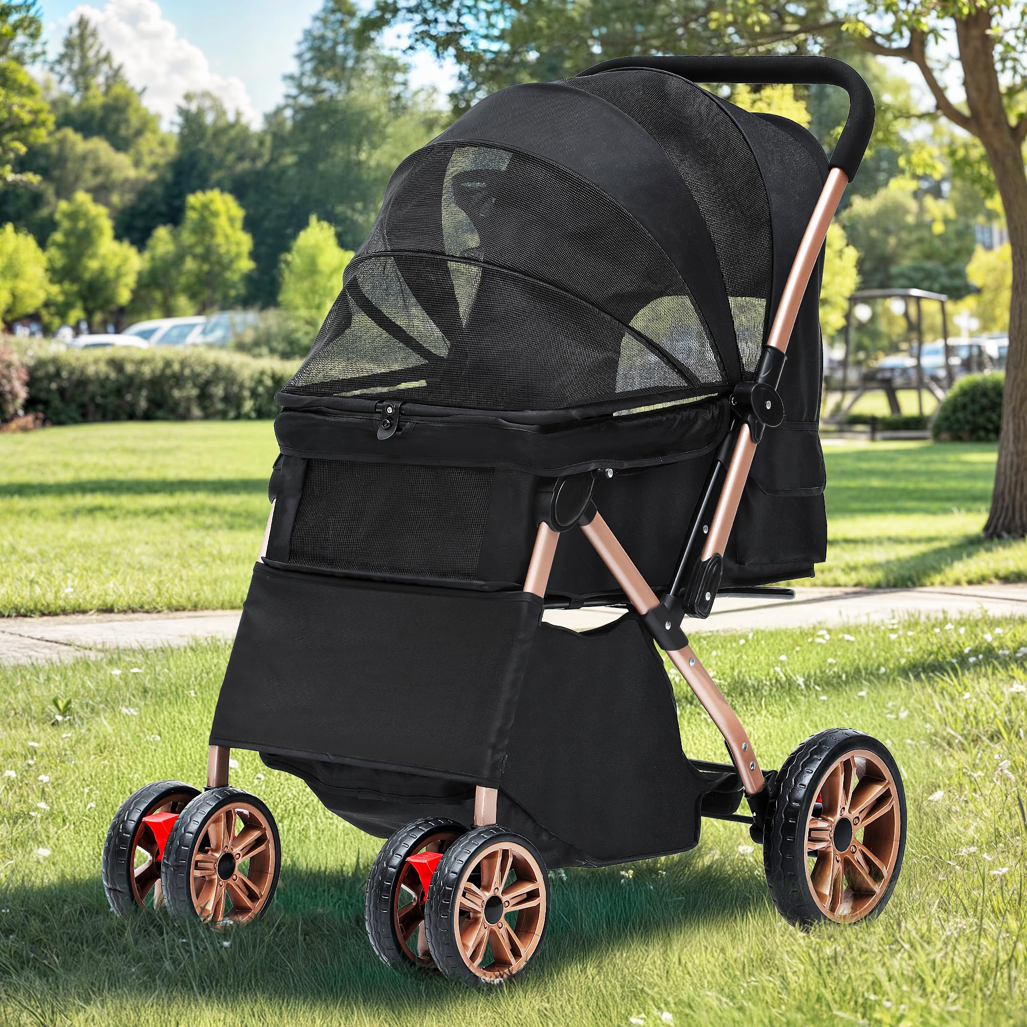 DWVO Poussette 3 en 1 pour Chien et Chat - Pliable jusqu'à 22 kg - Roues EVA Résistantes à l'Usure à 360° - Panier de Rangement - Fenêtre en Filet - 58,5 x 76 x 105 cm