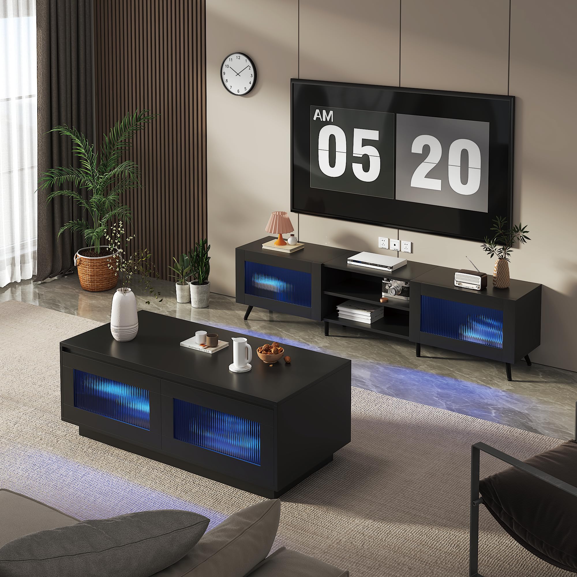 KEEPREAPER Couchtisch Wohnzimmertisch mit LED Beleuchtung, Sofatisch mit 2 Ablagefächern für Wohnzimmer, 108x50x40cm (Schwarz)
