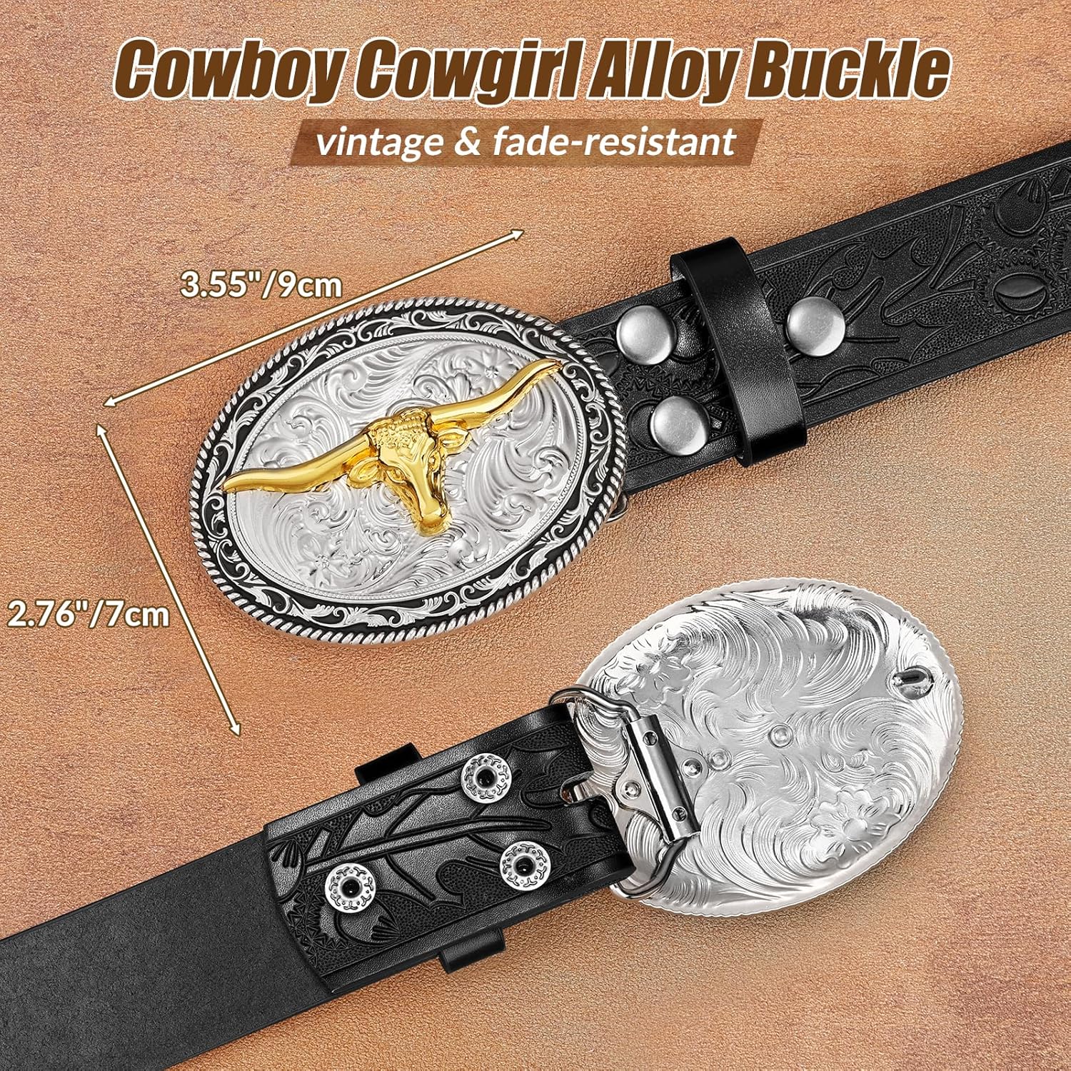 Western Cowboy Belt for Men Women, Country Longhorn-Bull Horse Buckle Embossed Leather Belt for Jeans Gift - Image 2
