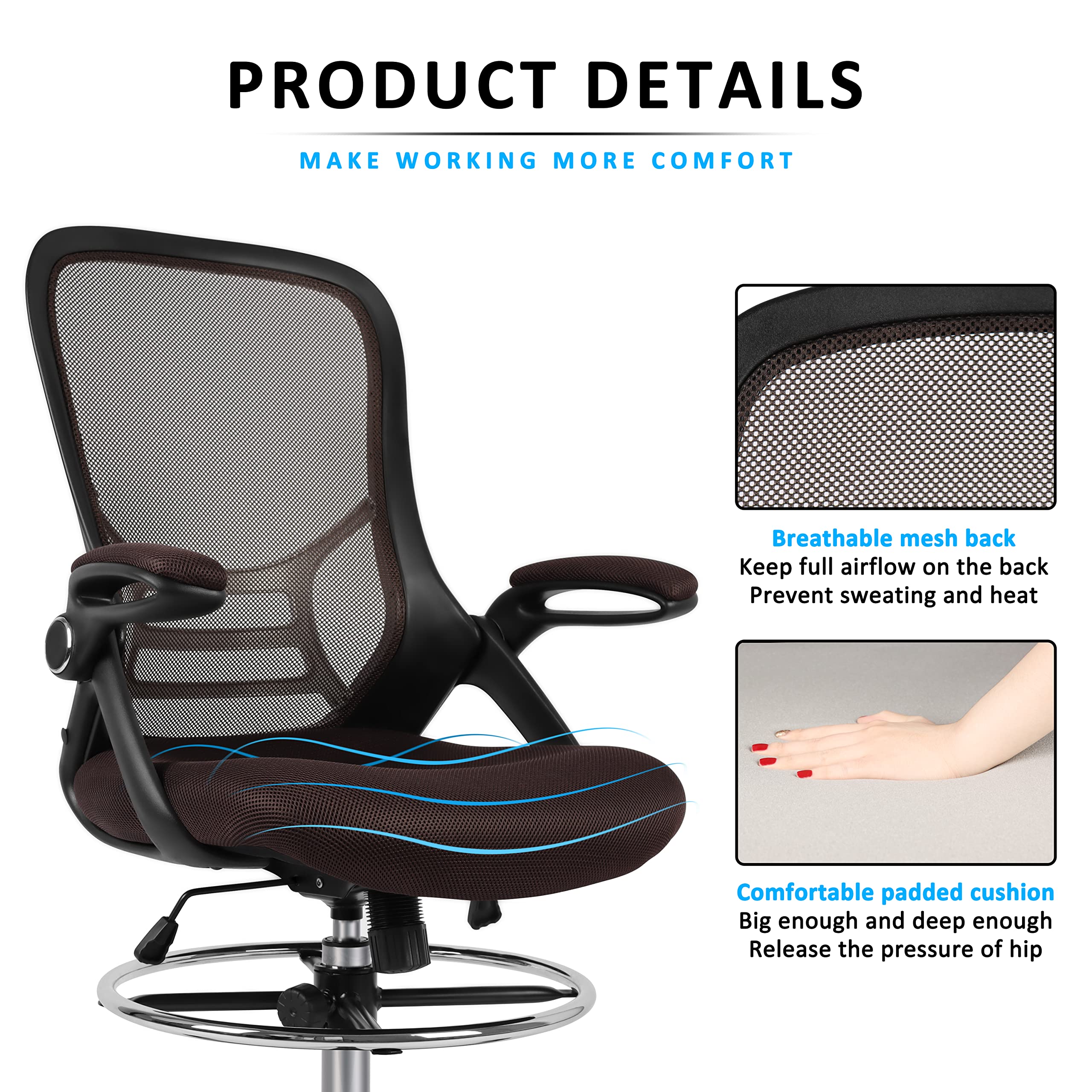 HYLONE Drafting Chair, Tall Office Chair Standing Desk Chair Brown Mesh