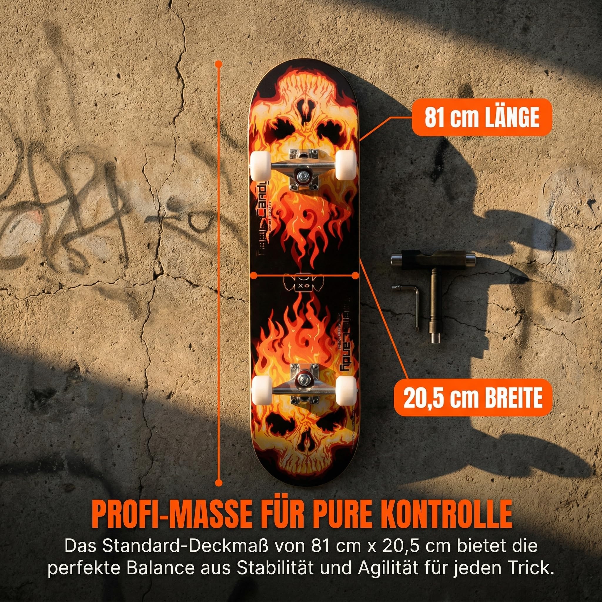 Skateboard Professionnel Double Kick,81 cm en érable, roulements ABEC-7, Roues en PU 95A, Design Graphique personnalisé (81cm, Feu Rouge)