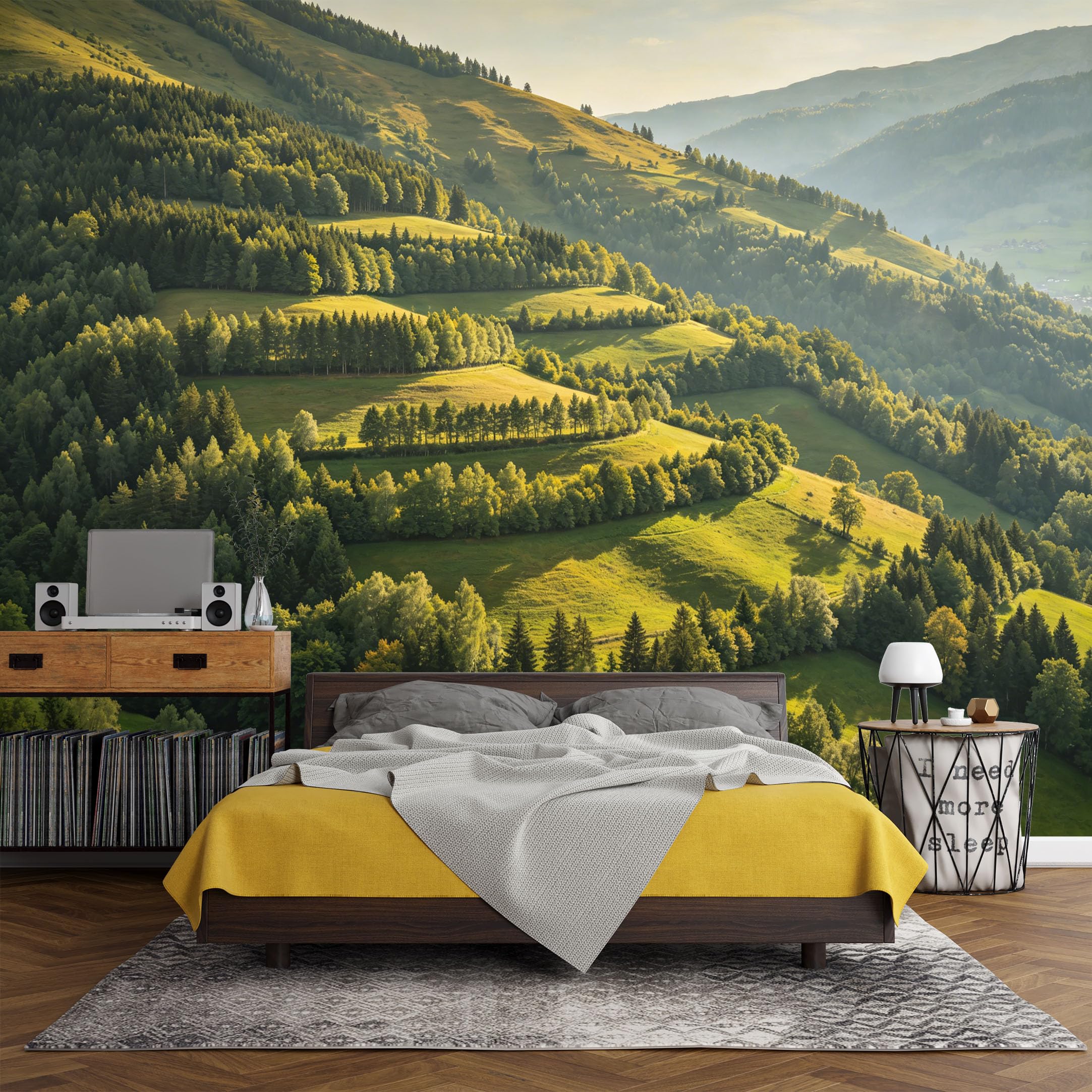 Custom Size Wall Mural， Mountain Landscape Green Forest Valley Hills Scenic Nature View，SelfAdhesive Art Prints wall Fabric (No PVC) Removable Wallpaper Living Room Decor