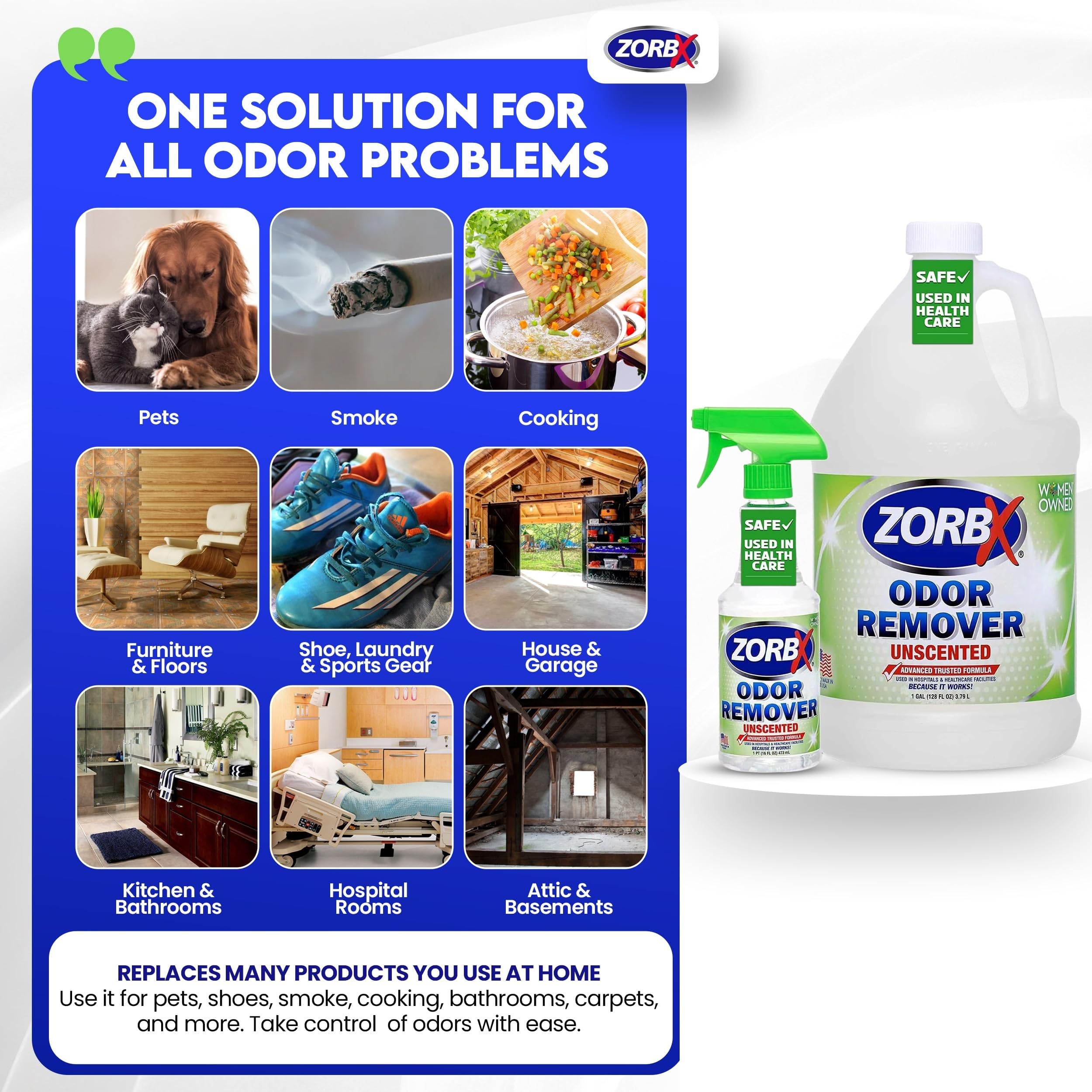 ZORBX Eliminador de olores sin perfume para olores fuertes, 16 onzas + 128 onzas, utilizado en hospitales e instalaciones sanitarias, fórmula avanzada de confianza, spray removedor de olores de acción