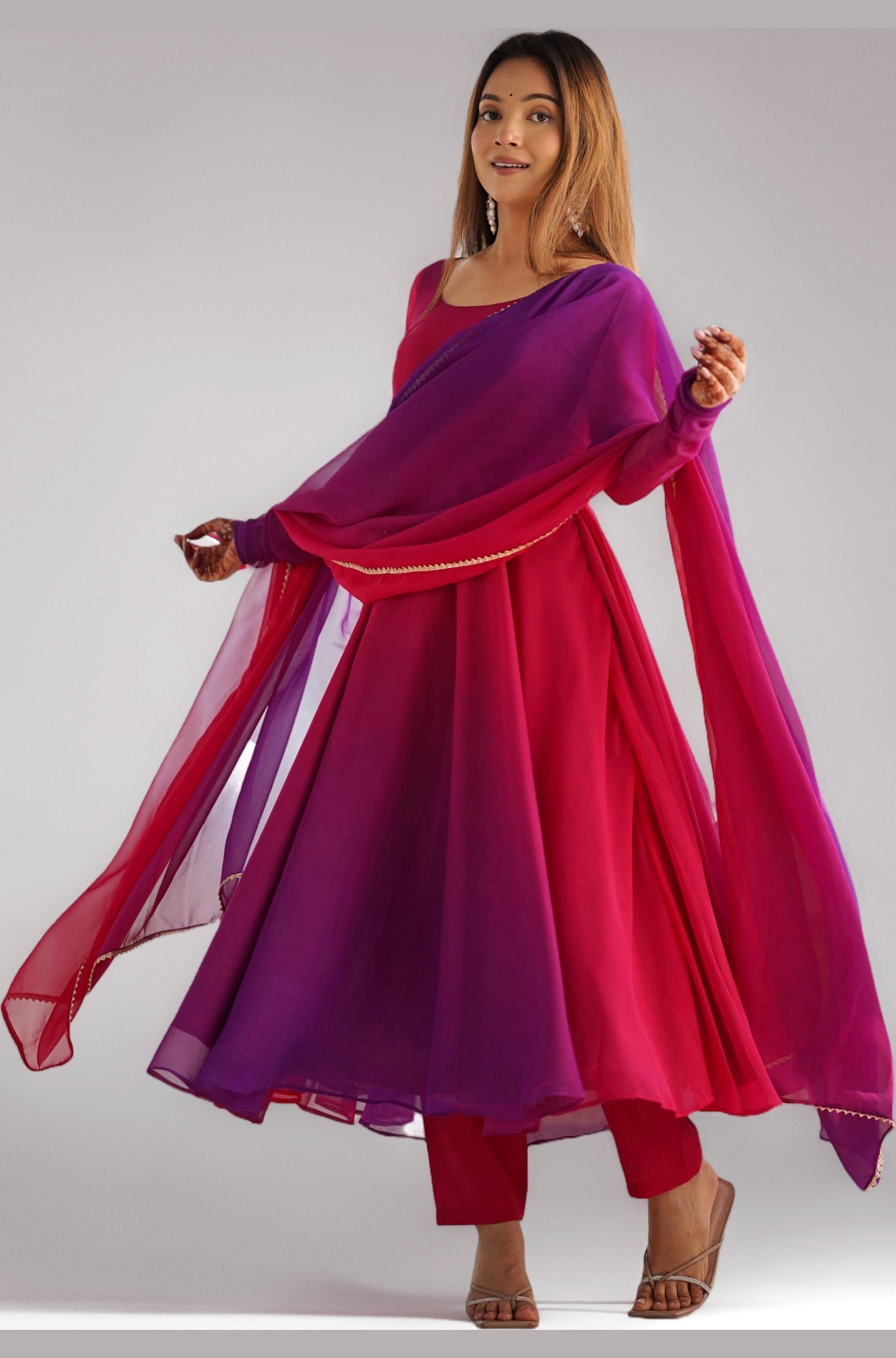 Women's Georgette Anarkali Kurta Set with Dupatta | Elegant Pink Ethnic Dress | Flared Long Kurti for Festive