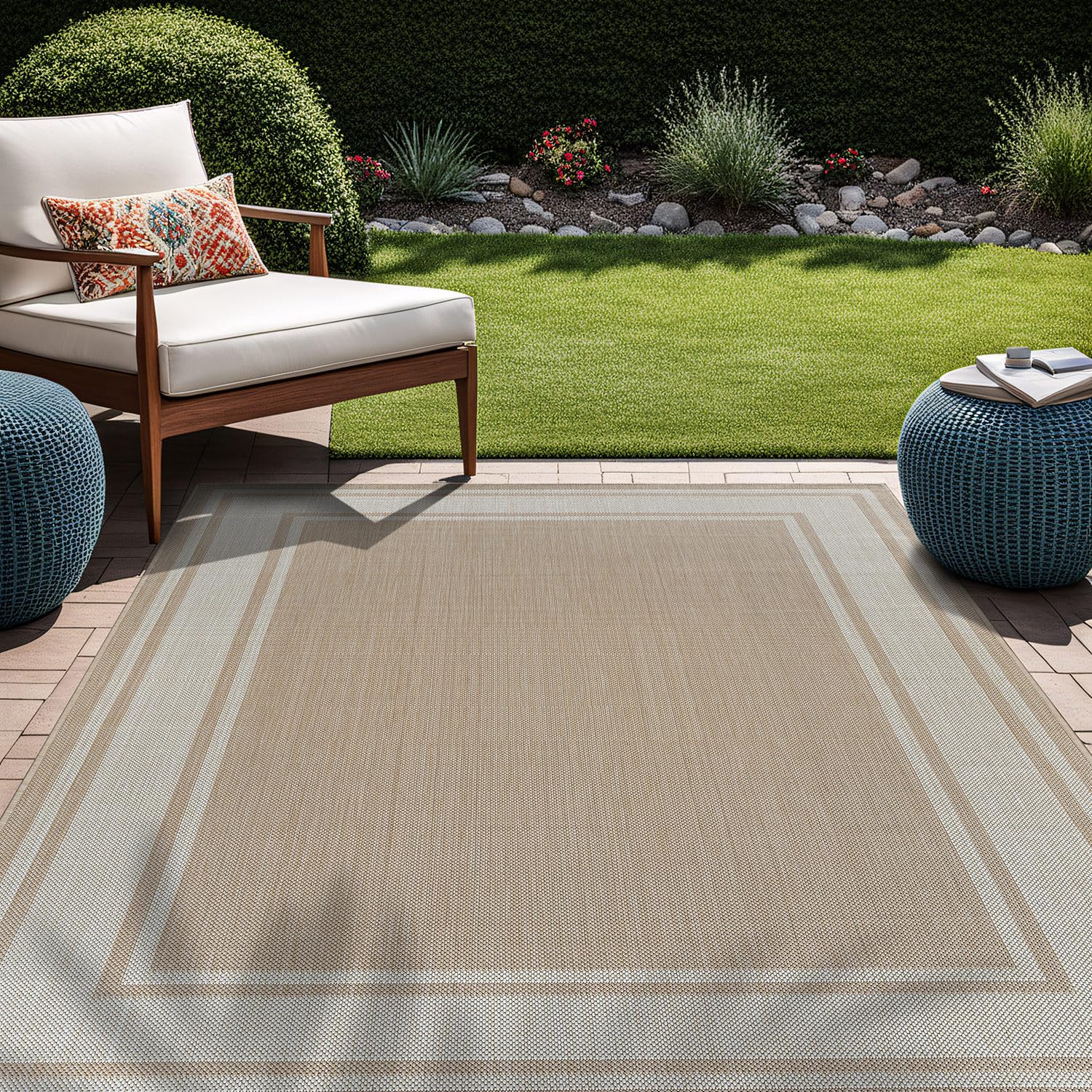 Beverly Rug Large Outdoor Rug 10x14 Modern Bordered Area Rugs for Indoor and Outdoor Patio Deck Porch Garden Waterproof Weather Sun Resistant Washable