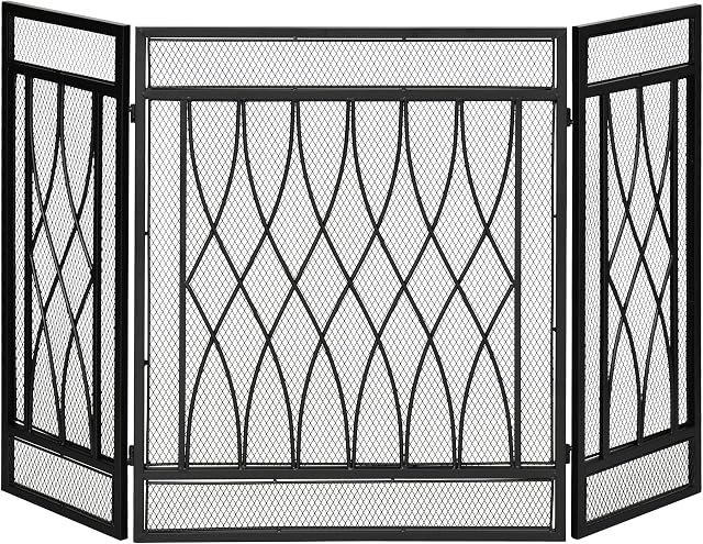 HOMCOM 126cm 3-Panel Metal Folding Fireplace Screen Heat Flame Protective Guard Child Pet Home Spark Barrier Surround w/ Mesh Pattern