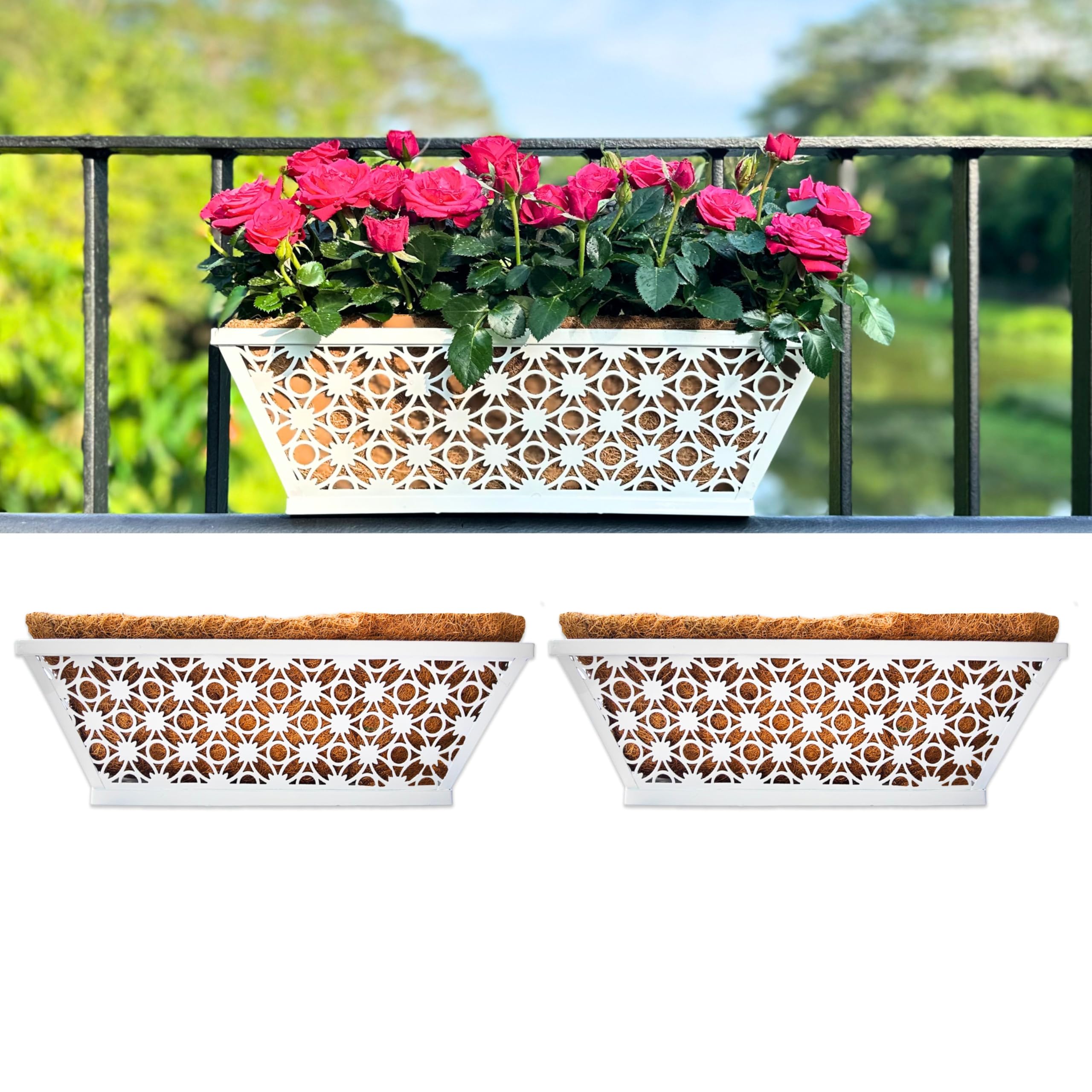 Wall Hanging Planter, 2 Pack, 16 Inch Railing Planter Window Box with Coconut Coir, White Metal Garden Balcony Plant Basket Outdoor Deck Patio Rail Fence House Horse Trough Porch