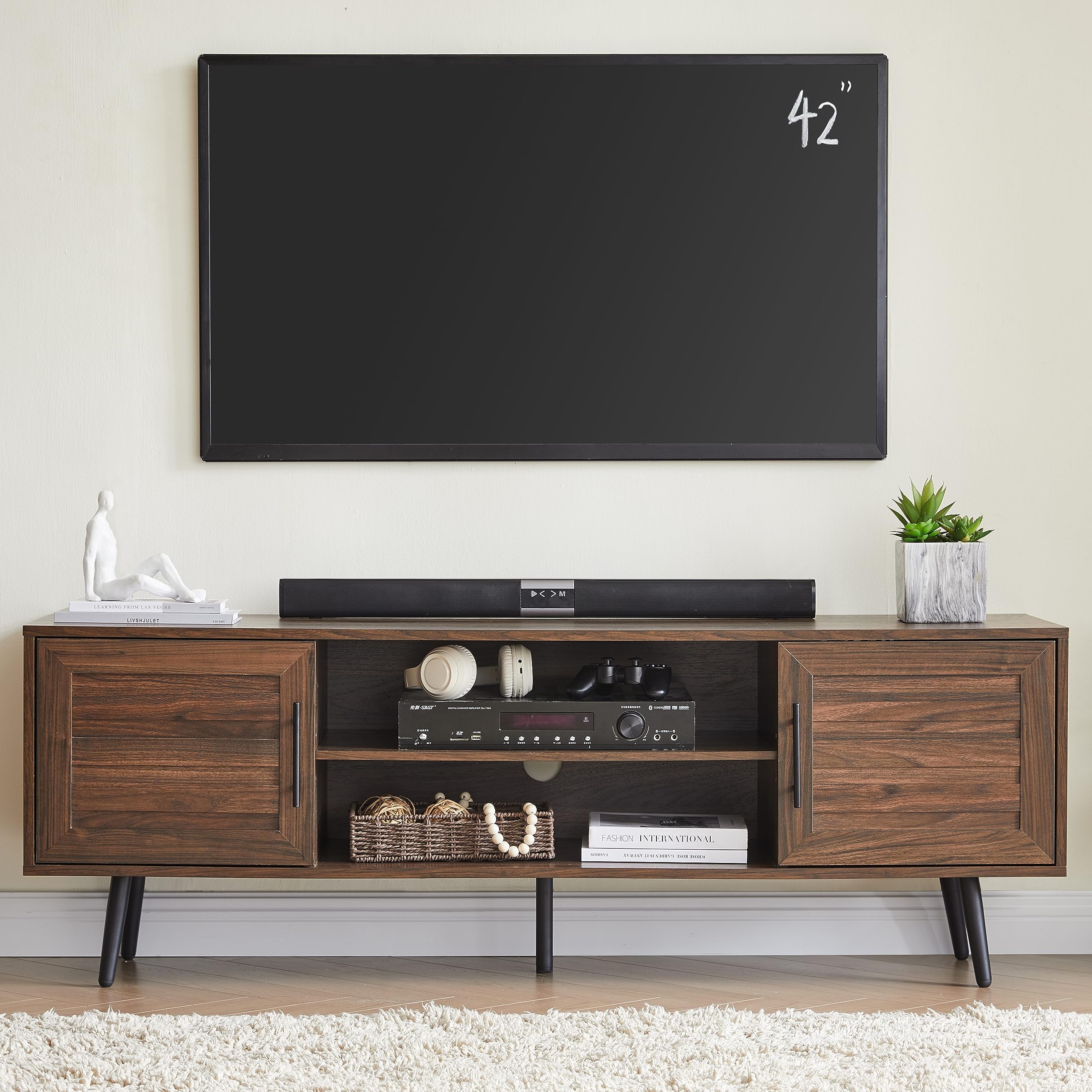 EDYO LIVING Mid Century Modern TV Stand for 65" TV, Wood TV Stand with Storage Cabinet and Open Shelf, Entertainment Center, TV Console Table for Living Room, Dark Walnut
